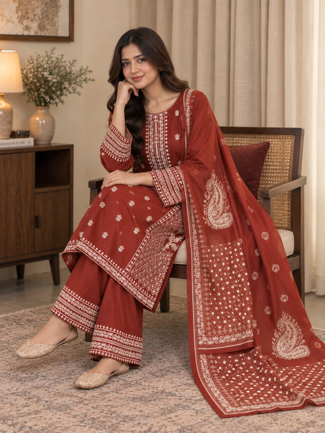 Traditional Embroidered Winter Cotton 3-Piece Suit with Printed Dupatta
