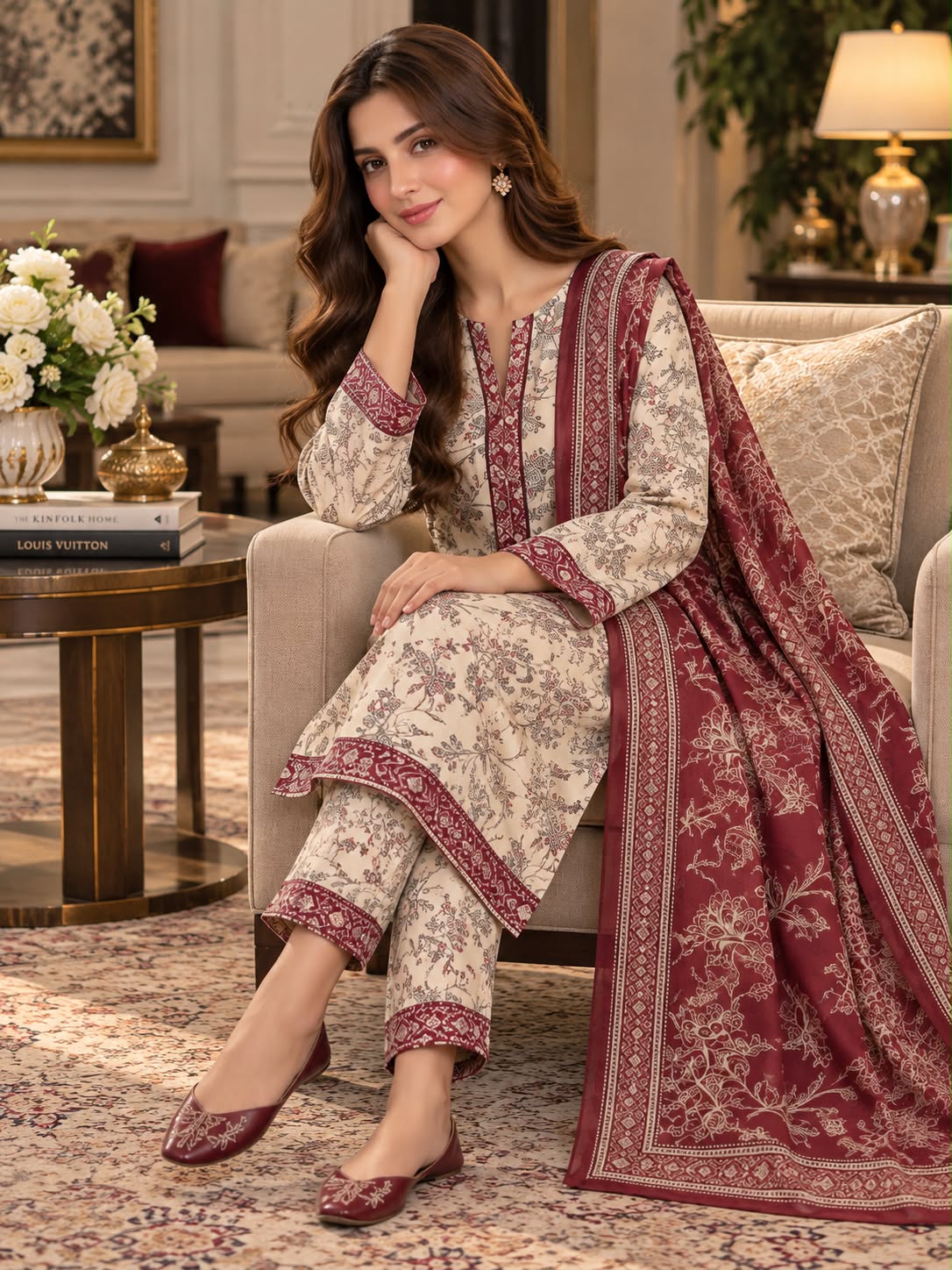 Elegance Printed Winter Khaddar 3-Piece Suit with Floral Dupatta