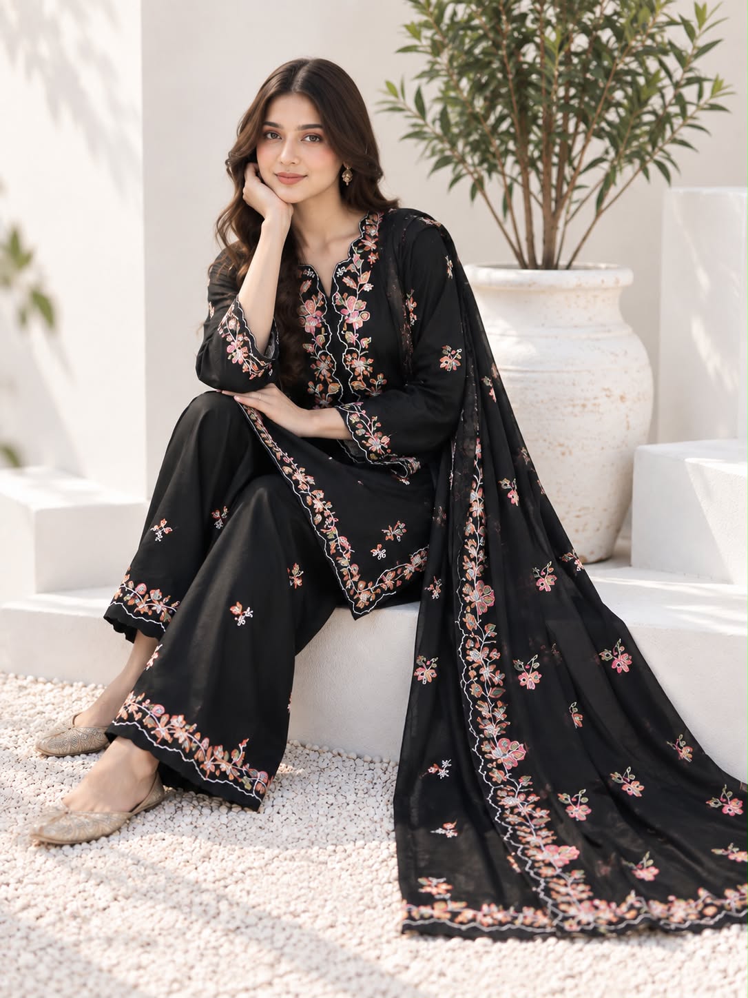 Black Floral Embroidered Winter Cotton 3 Piece Suit