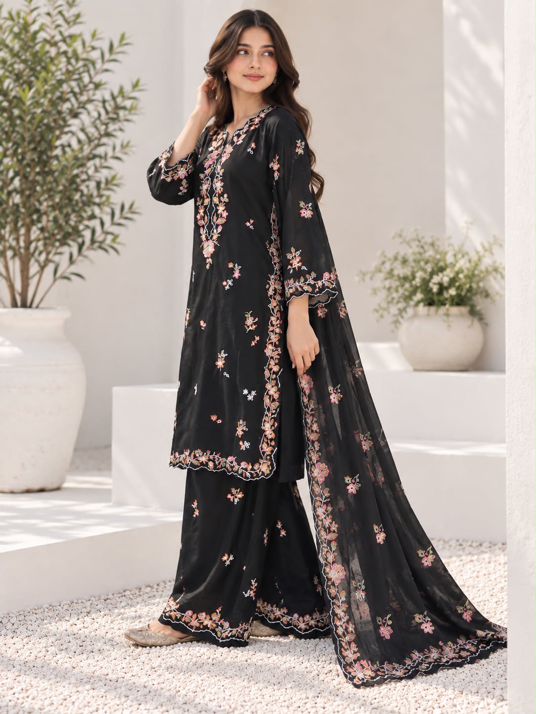 Black Floral Embroidered Winter Cotton 3 Piece Suit