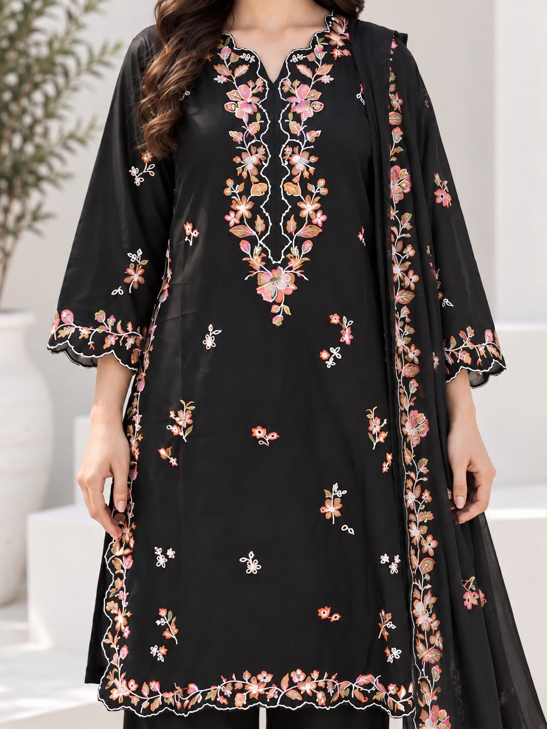 Black Floral Embroidered Winter Cotton 3 Piece Suit