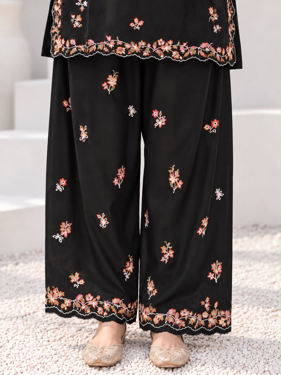 Black Floral Embroidered Winter Cotton 3 Piece Suit