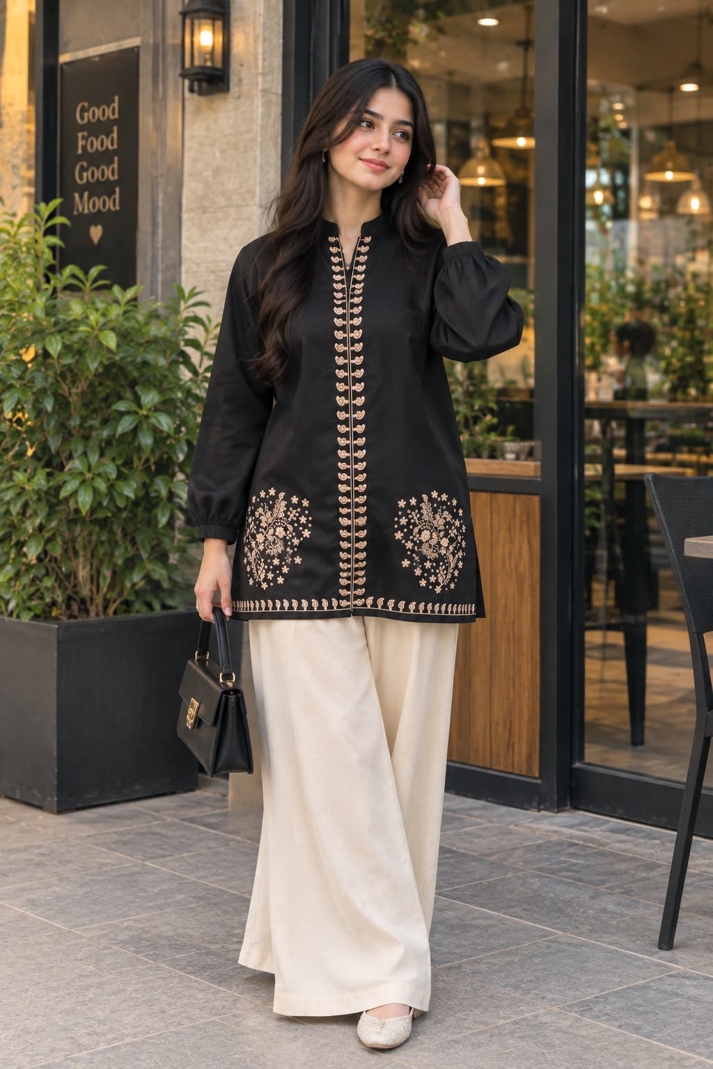 Black Embroidered Winter Cotton Shirt With Offwhite Trouser