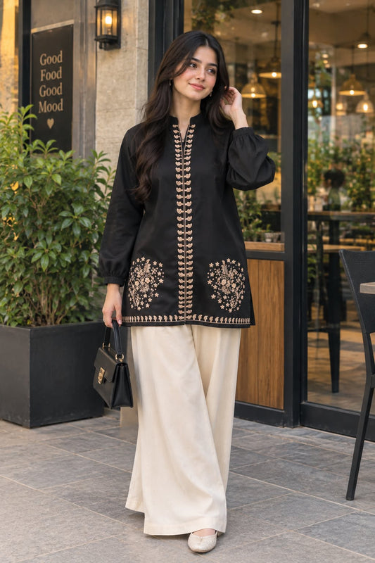 Black Embroidered Winter Cotton Shirt With Offwhite Trouser