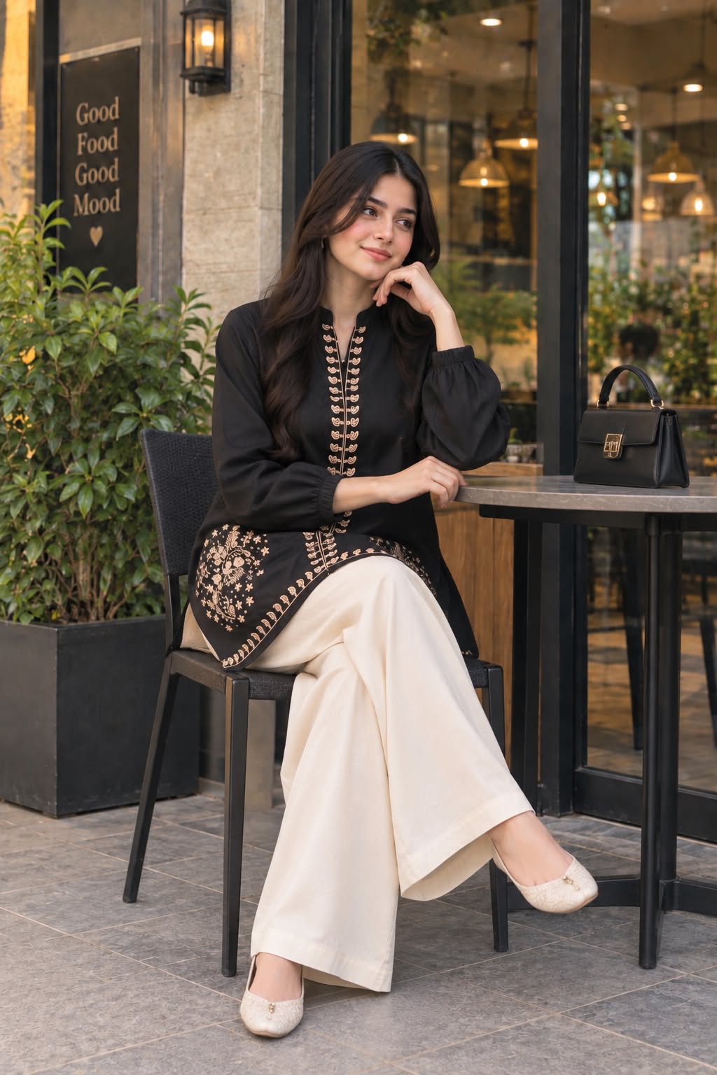 Black Embroidered Winter Cotton Shirt With Offwhite Trouser