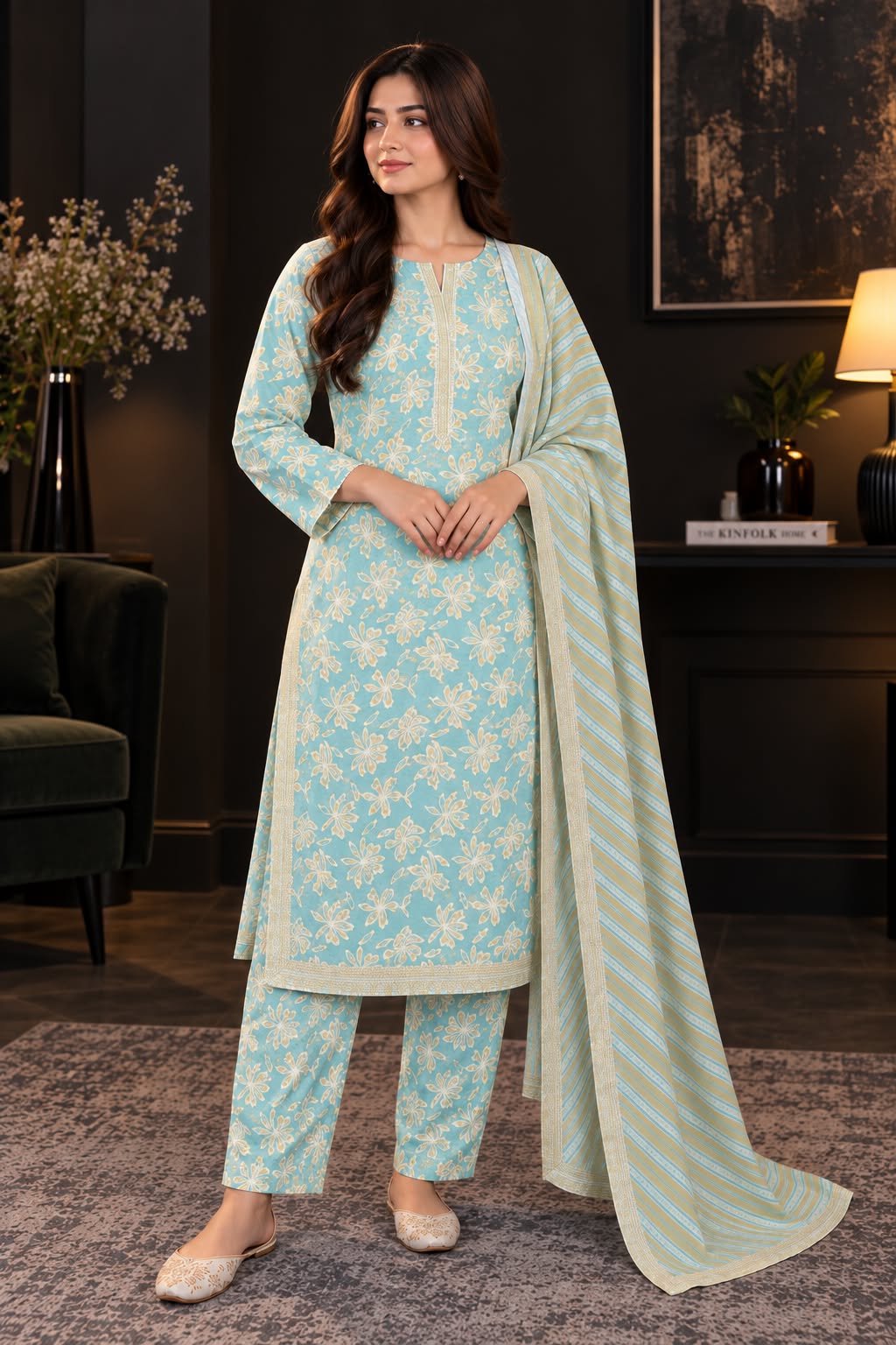 Soft Printed Winter Khaddar 3-Piece Suit with Striped Dupatta