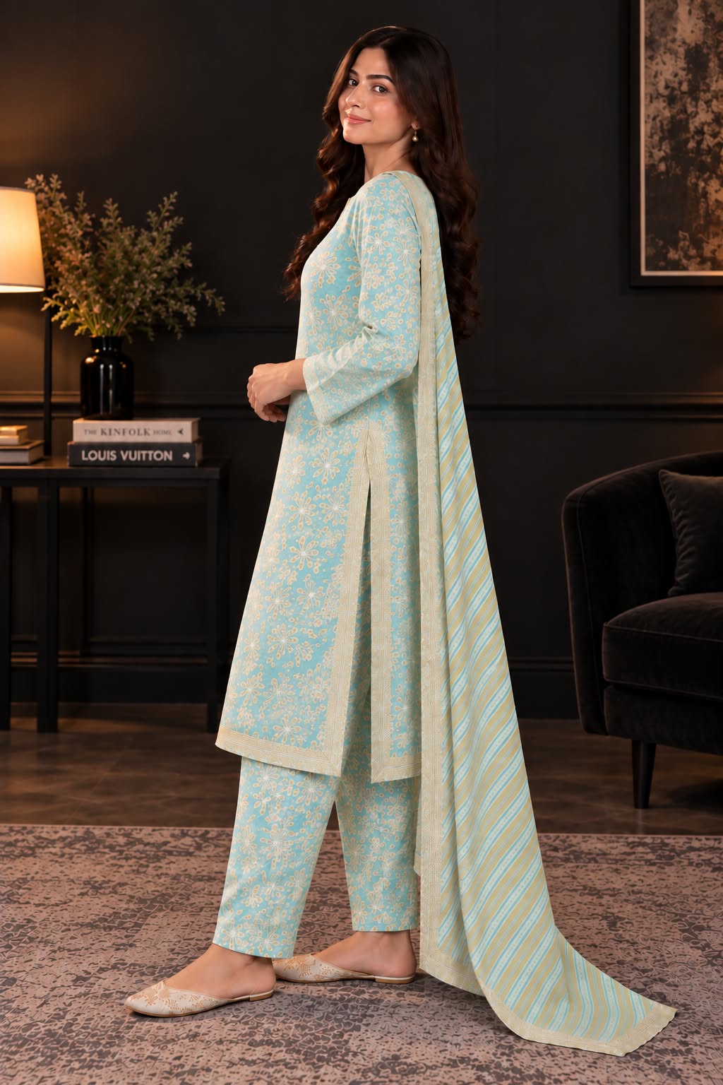 Soft Printed Winter Khaddar 3-Piece Suit with Striped Dupatta