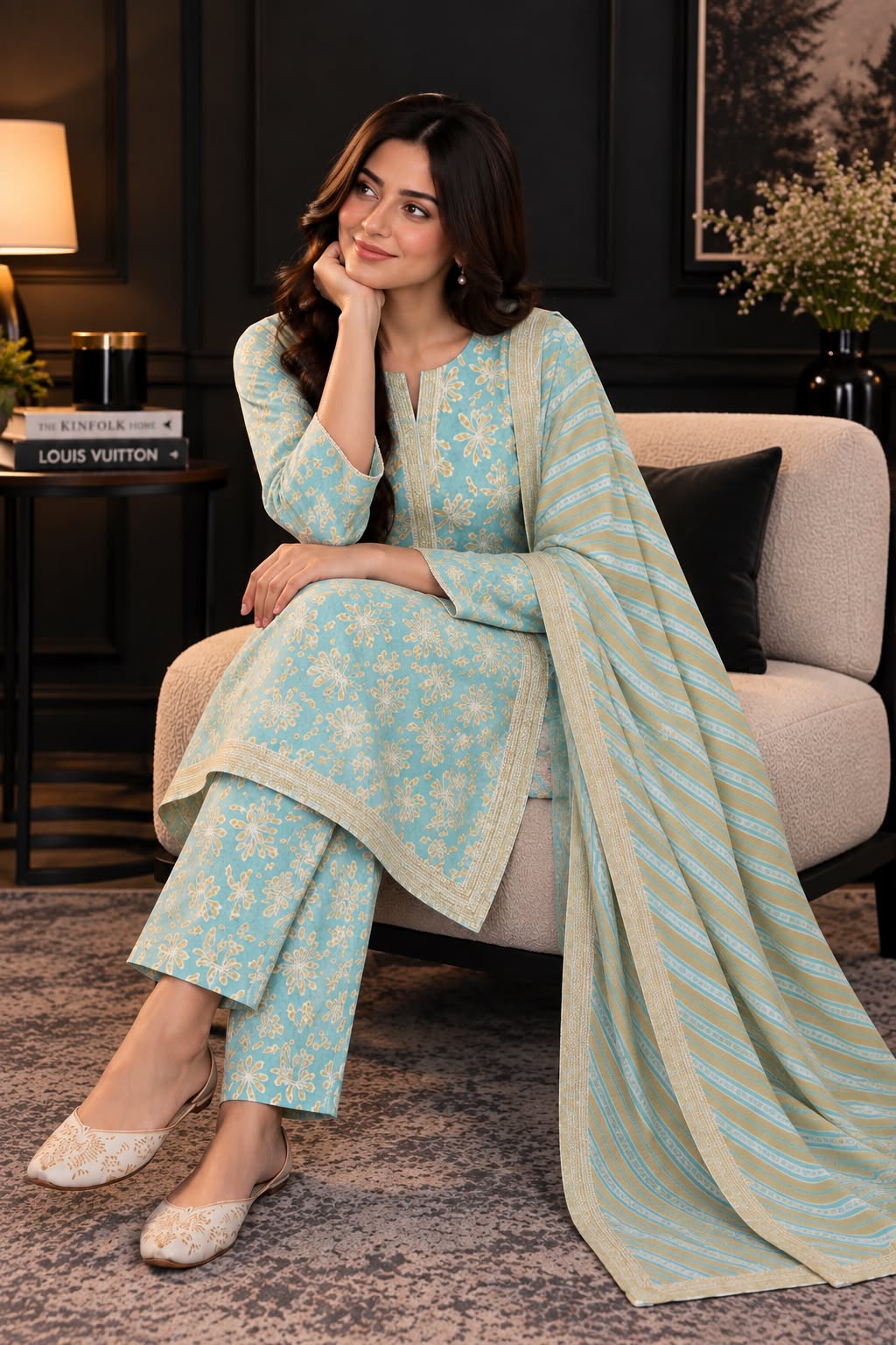 Soft Printed Winter Khaddar 3-Piece Suit with Striped Dupatta