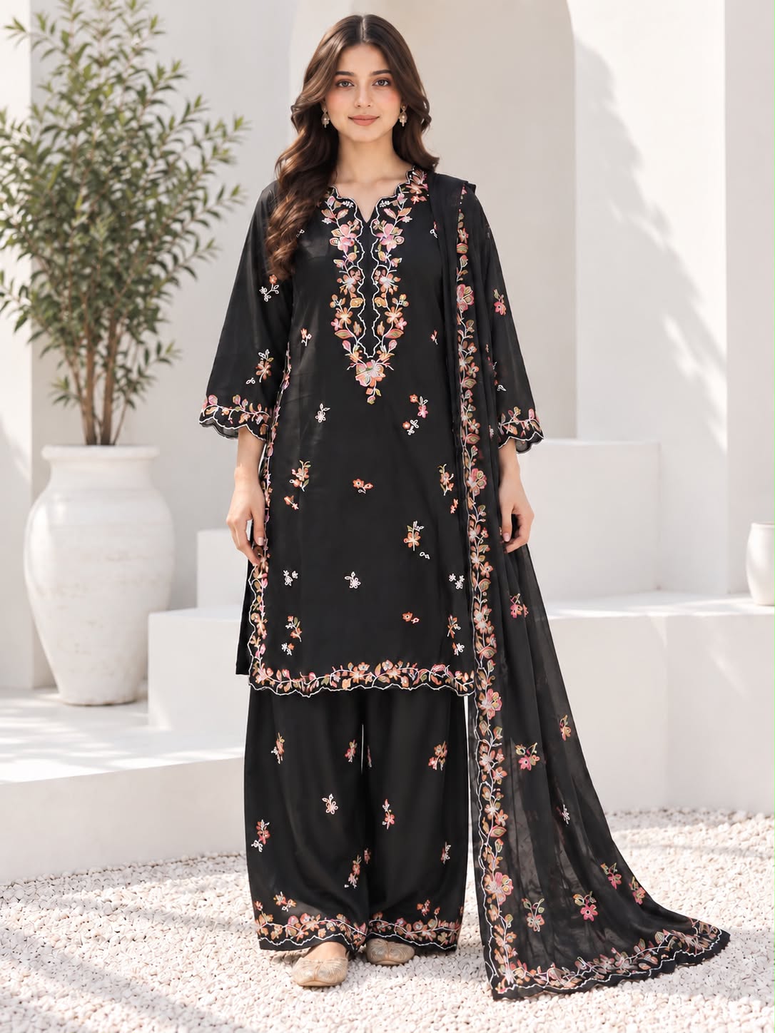 Embroidered Winter Cotton 3-Piece Suit with Printed Dupatta