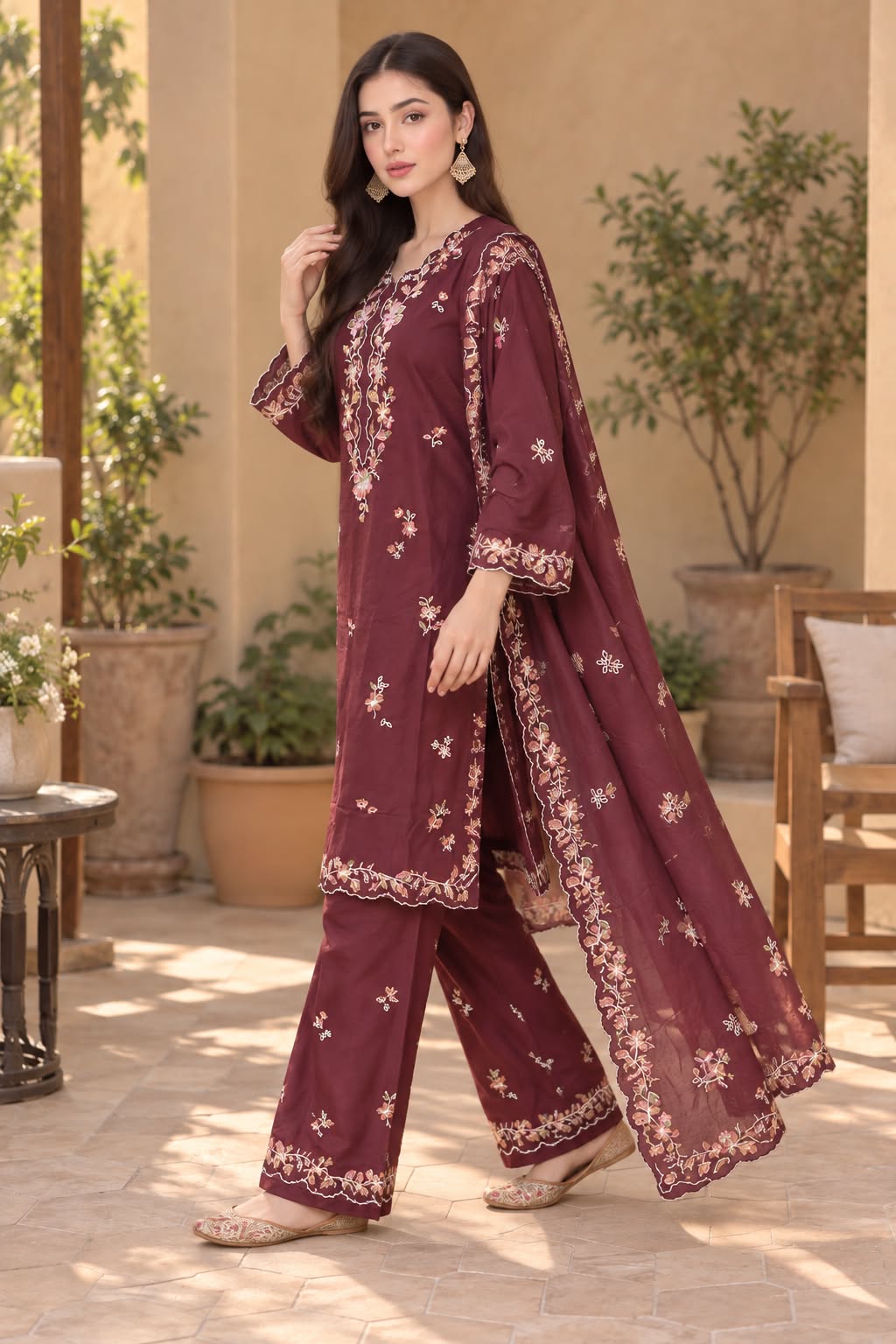 Embroidered Winter Cotton 3-Piece Suit with Printed Dupatta