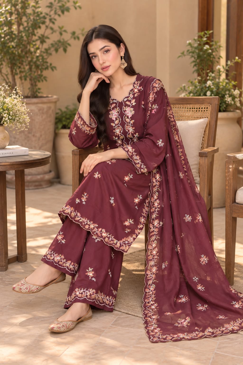 Embroidered Winter Cotton 3-Piece Suit with Printed Dupatta
