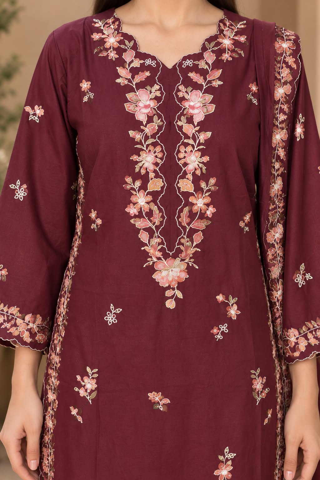 Embroidered Winter Cotton 3-Piece Suit with Printed Dupatta