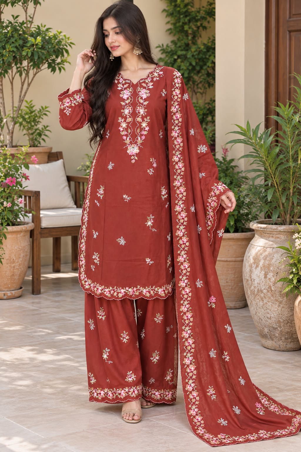 Embroidered Winter Cotton 3-Piece Suit with Printed Dupatta