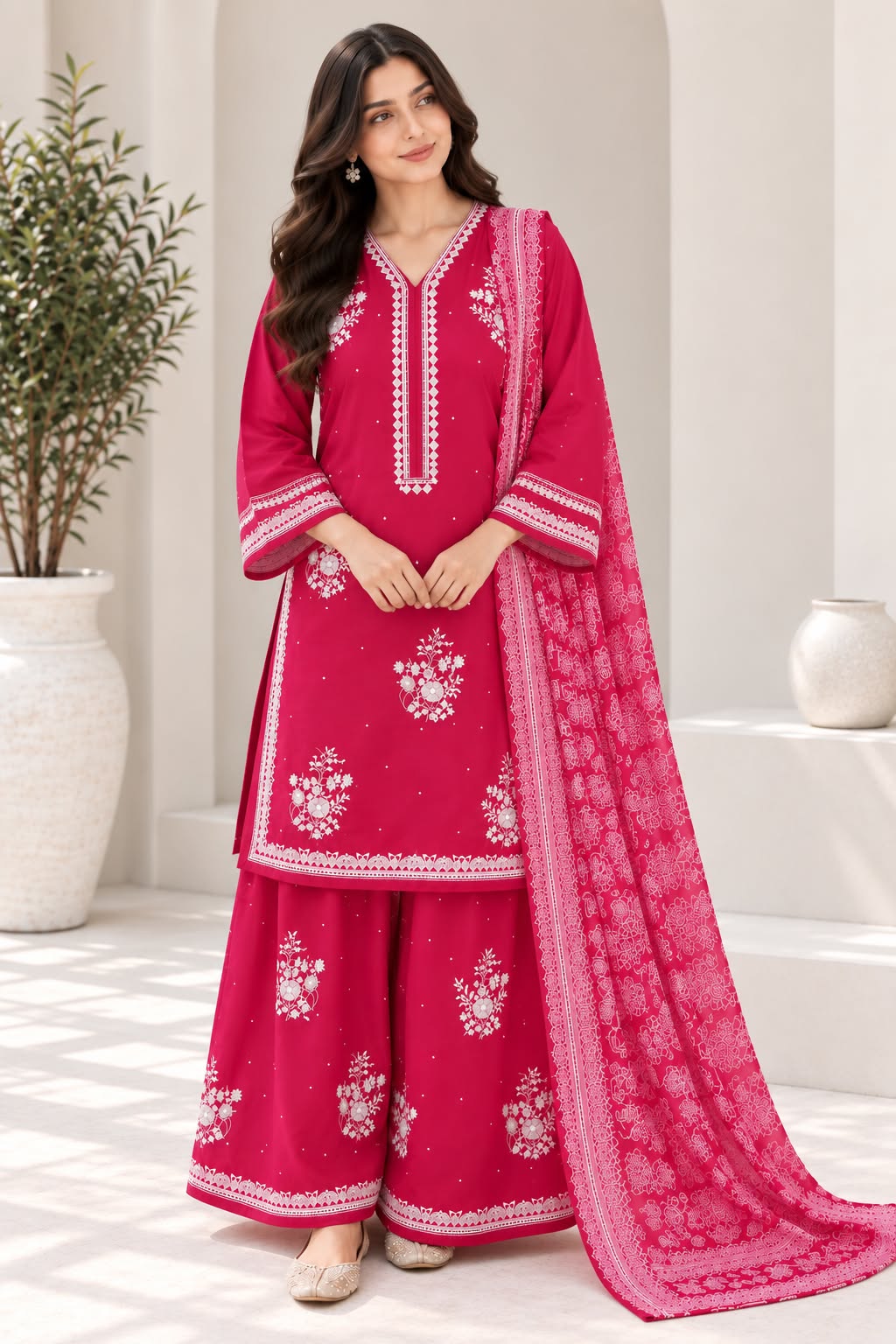 Graceful Embroidered Winter Cotton 3-Piece Suit with Printed Dupatta