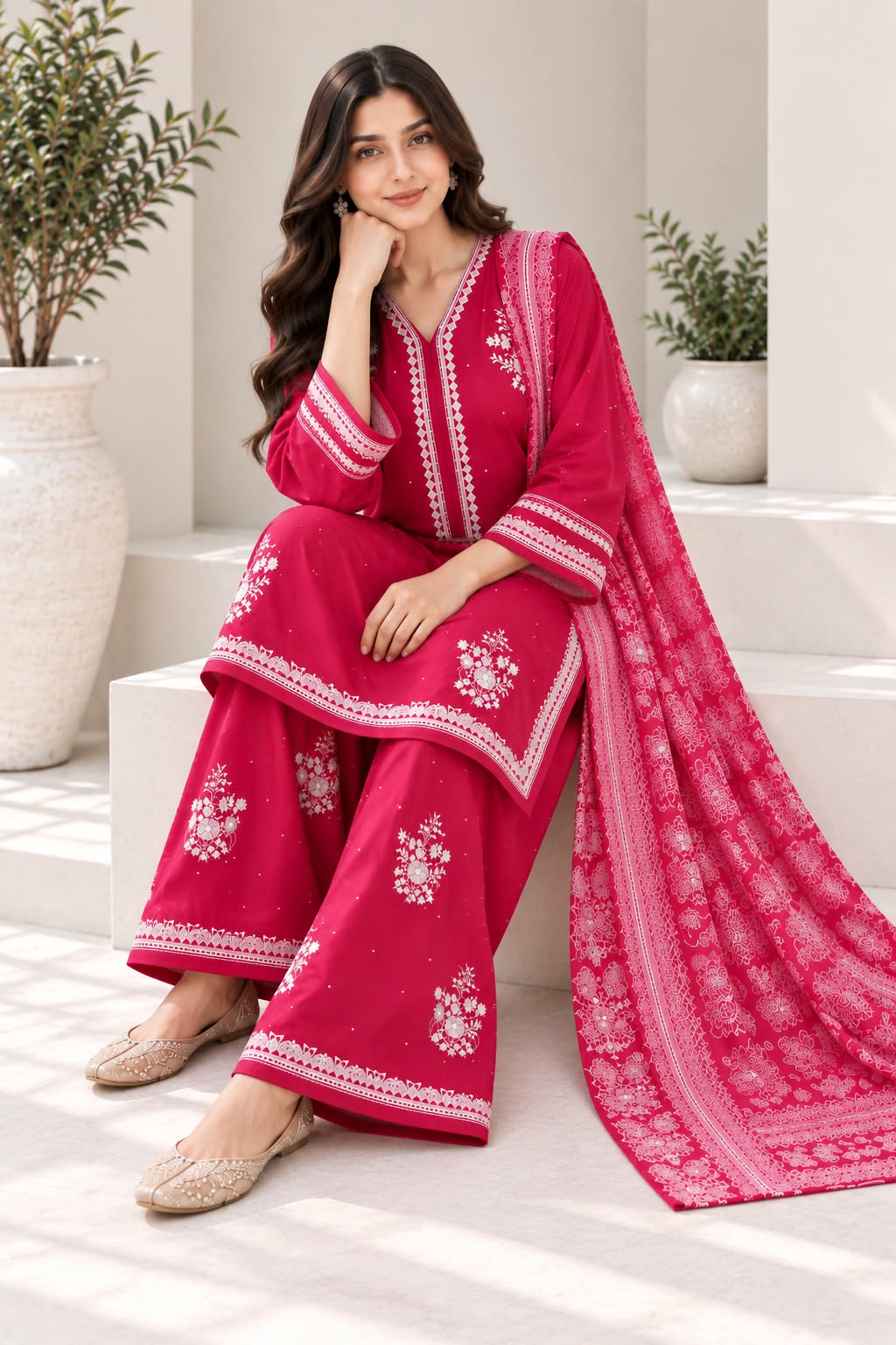 Graceful Embroidered Winter Cotton 3-Piece Suit with Printed Dupatta