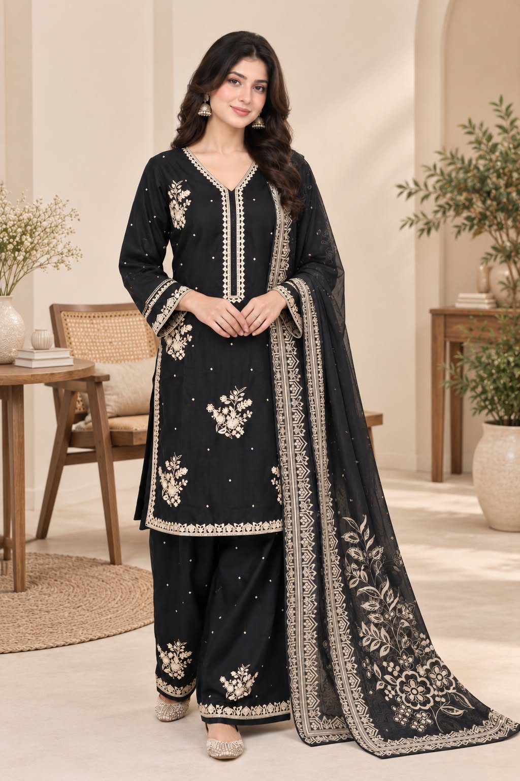 Graceful Embroidered Winter Cotton 3-Piece Suit with Printed Dupatta