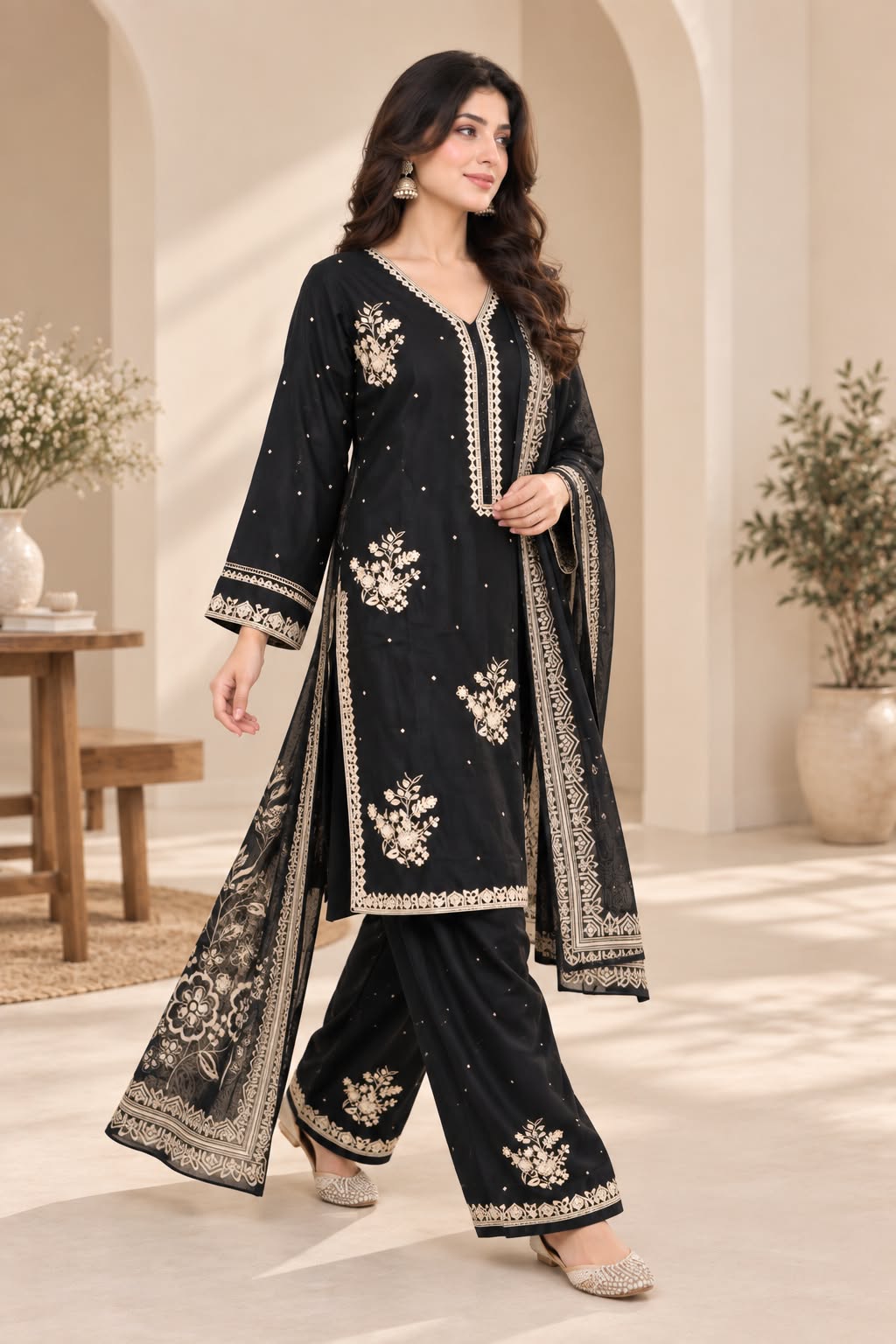 Graceful Embroidered Winter Cotton 3-Piece Suit with Printed Dupatta