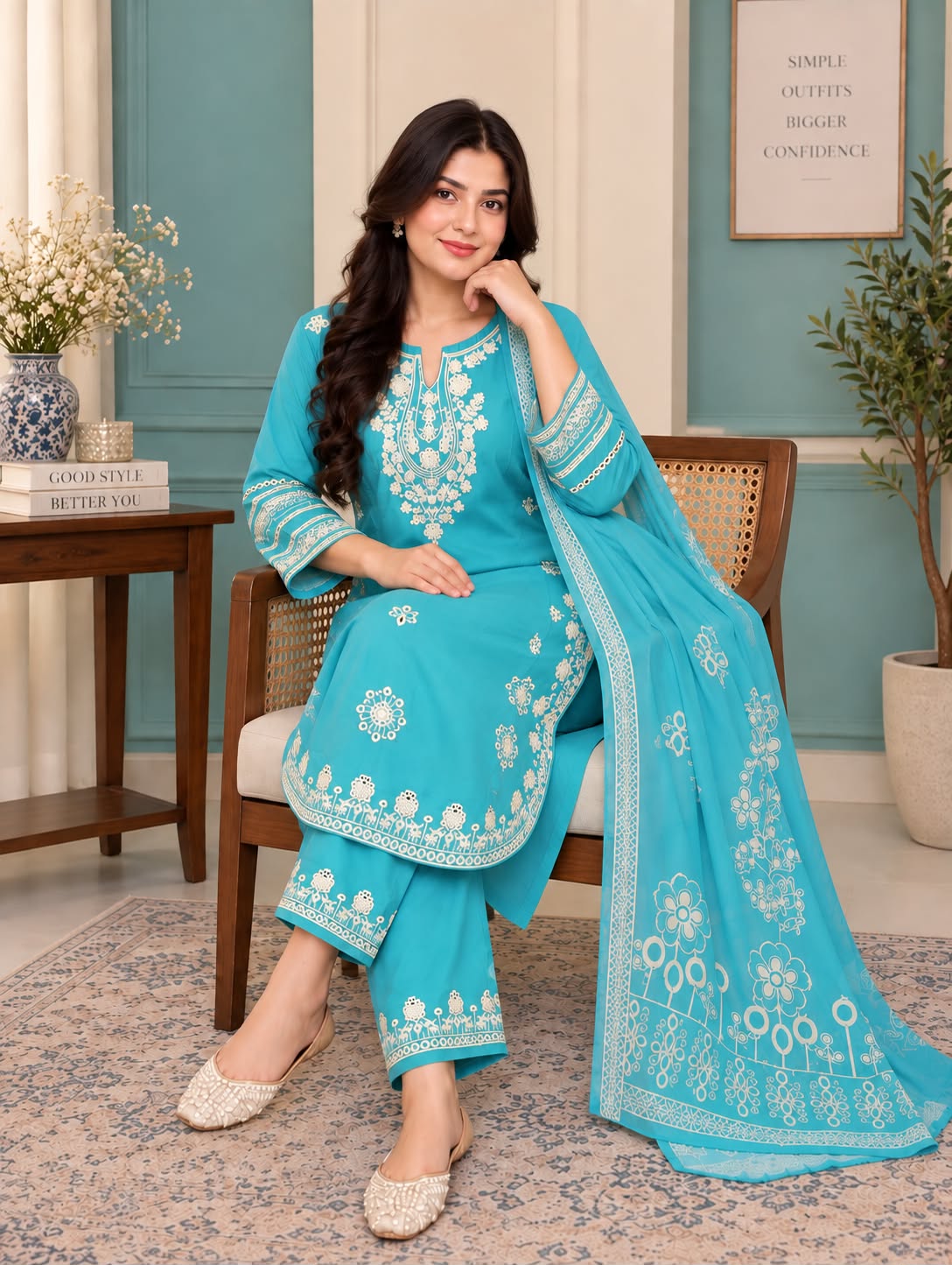 Intricate Embroidered Winter Cotton 3-Piece Suit with Printed Dupatta