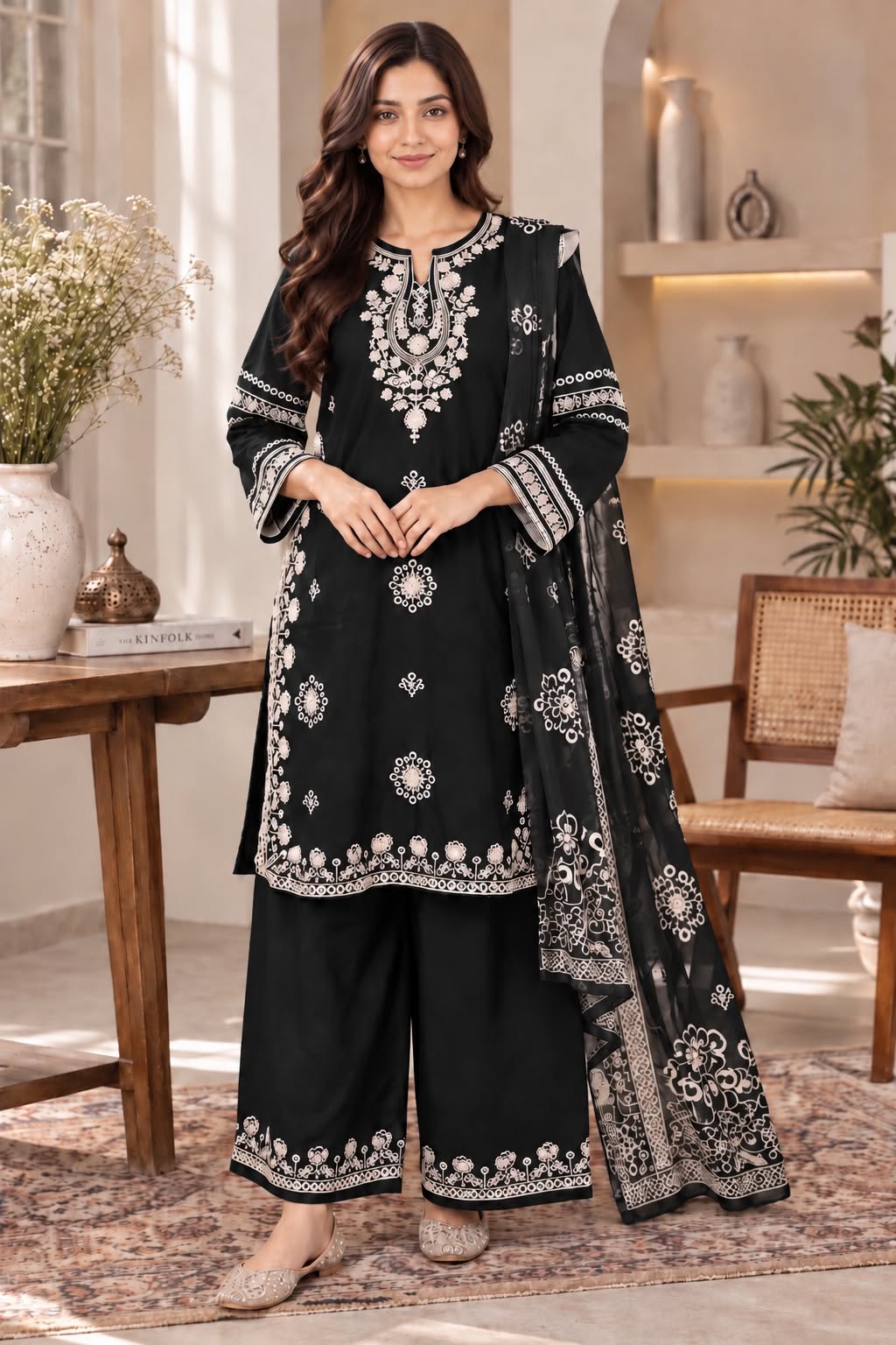 Intricate Embroidered Winter Cotton 3-Piece Suit with Printed Dupatta
