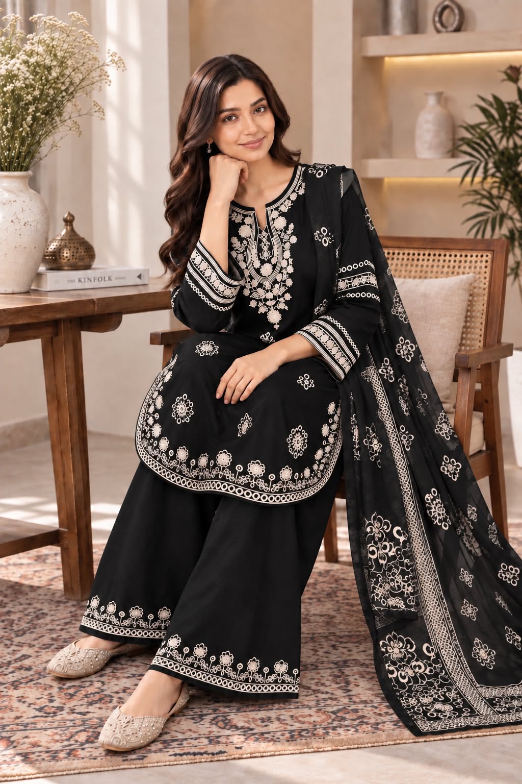 Intricate Embroidered Winter Cotton 3-Piece Suit with Printed Dupatta