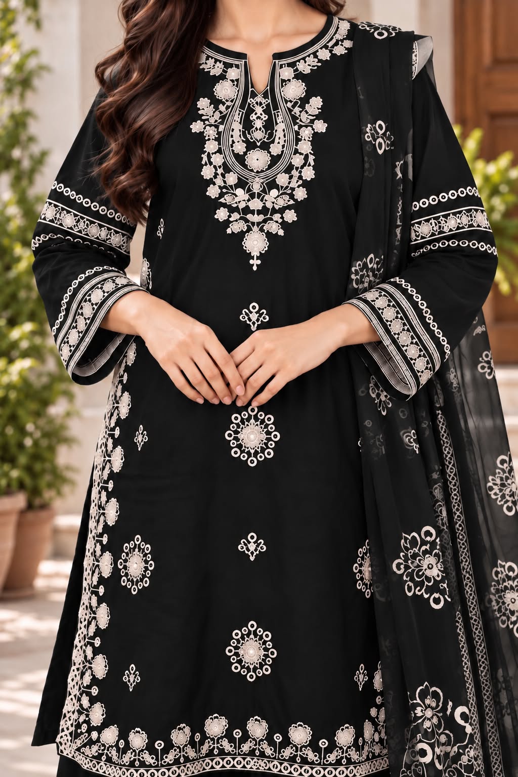 Intricate Embroidered Winter Cotton 3-Piece Suit with Printed Dupatta