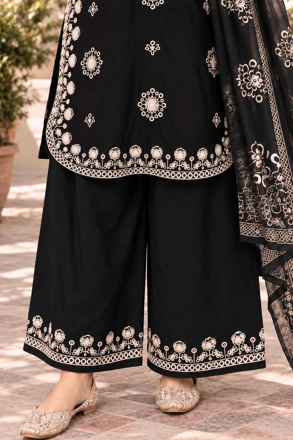 Intricate Embroidered Winter Cotton 3-Piece Suit with Printed Dupatta