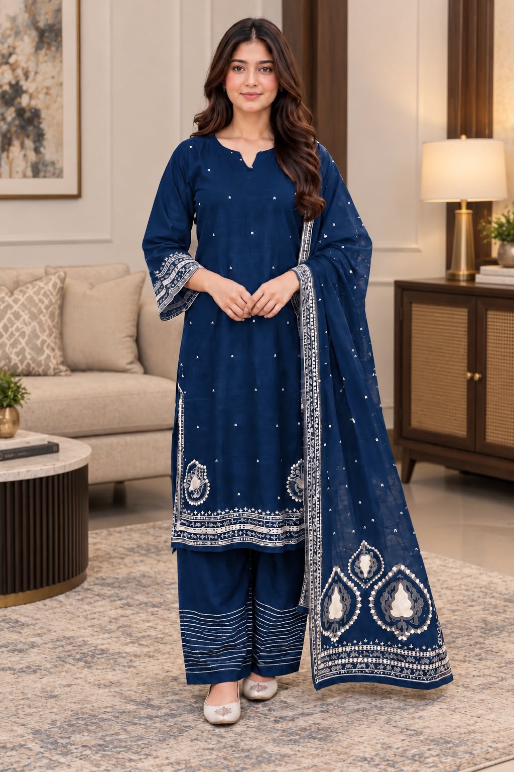Sophisticated Embroidered Winter Cotton 3-Piece Suit with Printed Dupatta