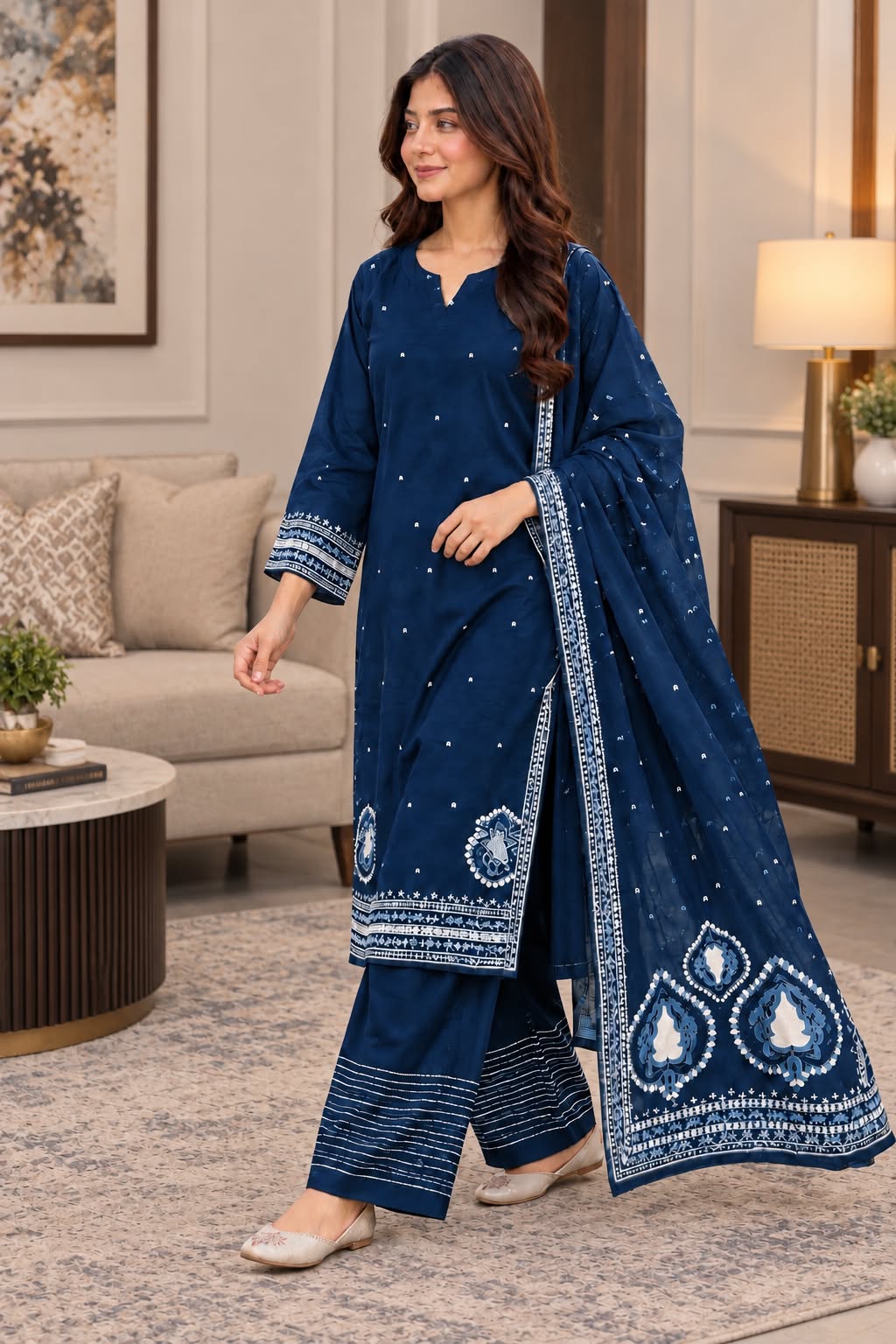Sophisticated Embroidered Winter Cotton 3-Piece Suit with Printed Dupatta