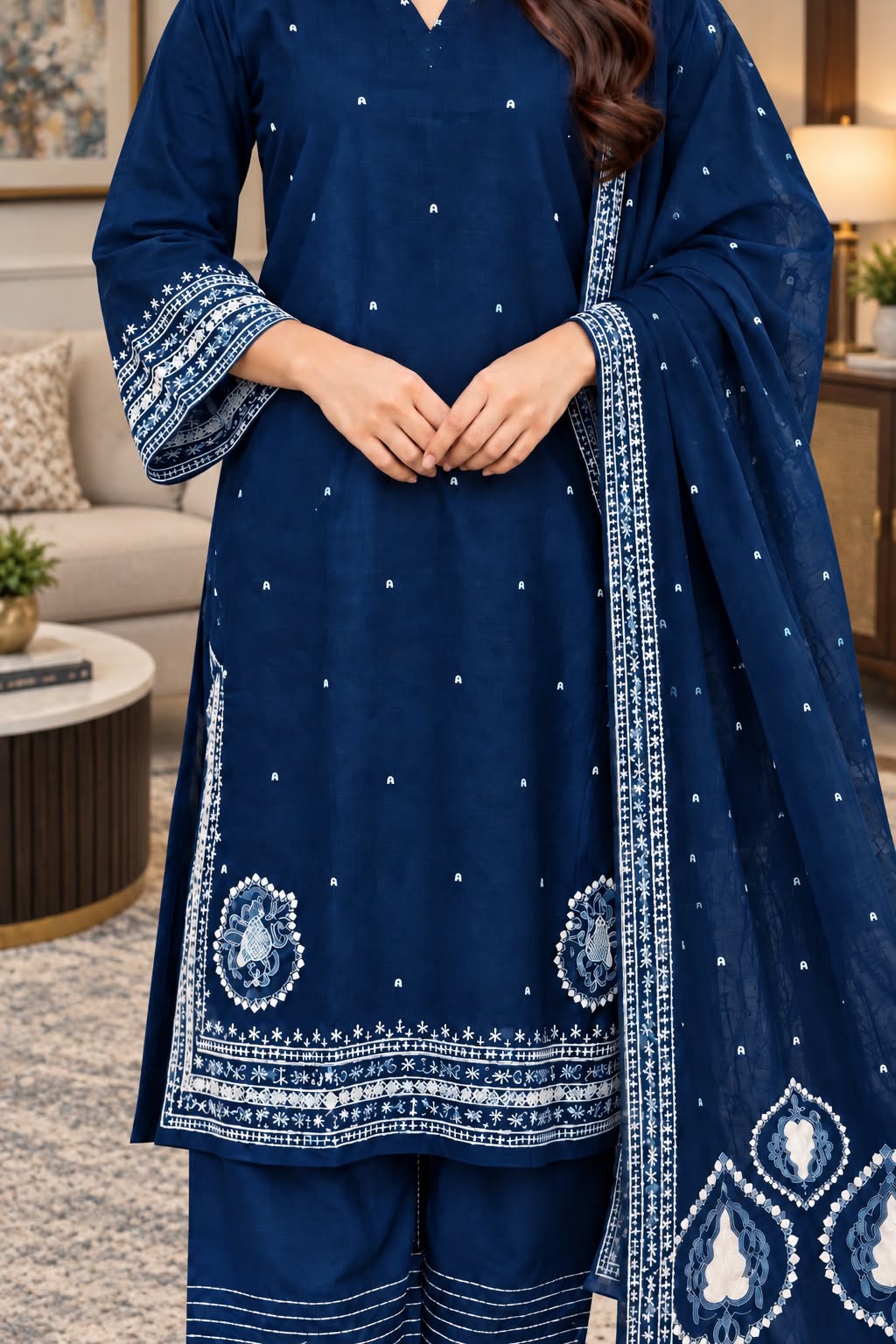 Sophisticated Embroidered Winter Cotton 3-Piece Suit with Printed Dupatta