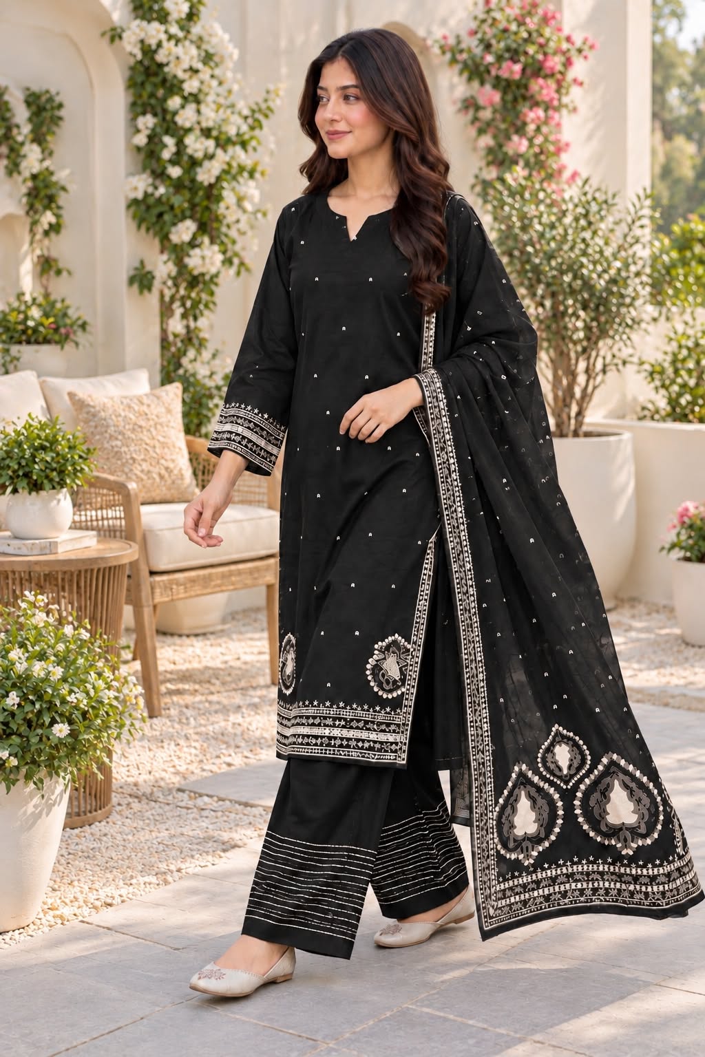 Sophisticated Embroidered Winter Cotton 3-Piece Suit with Printed Dupatta