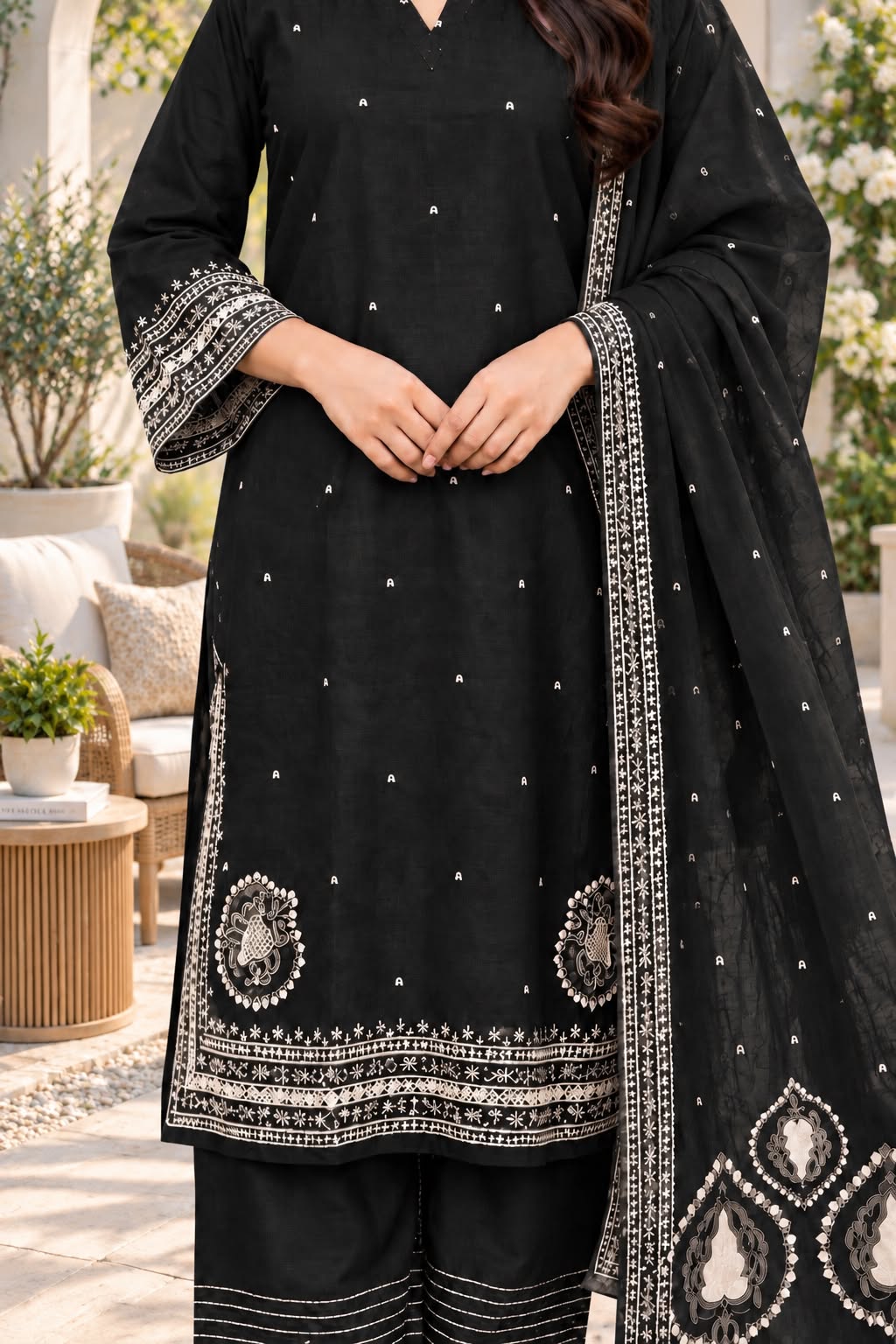 Sophisticated Embroidered Winter Cotton 3-Piece Suit with Printed Dupatta