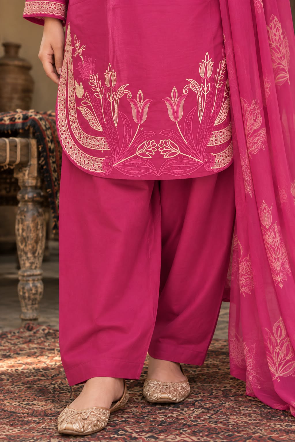 Floral Embroidered Winter Cotton 3-Piece Suit with Printed Dupatta