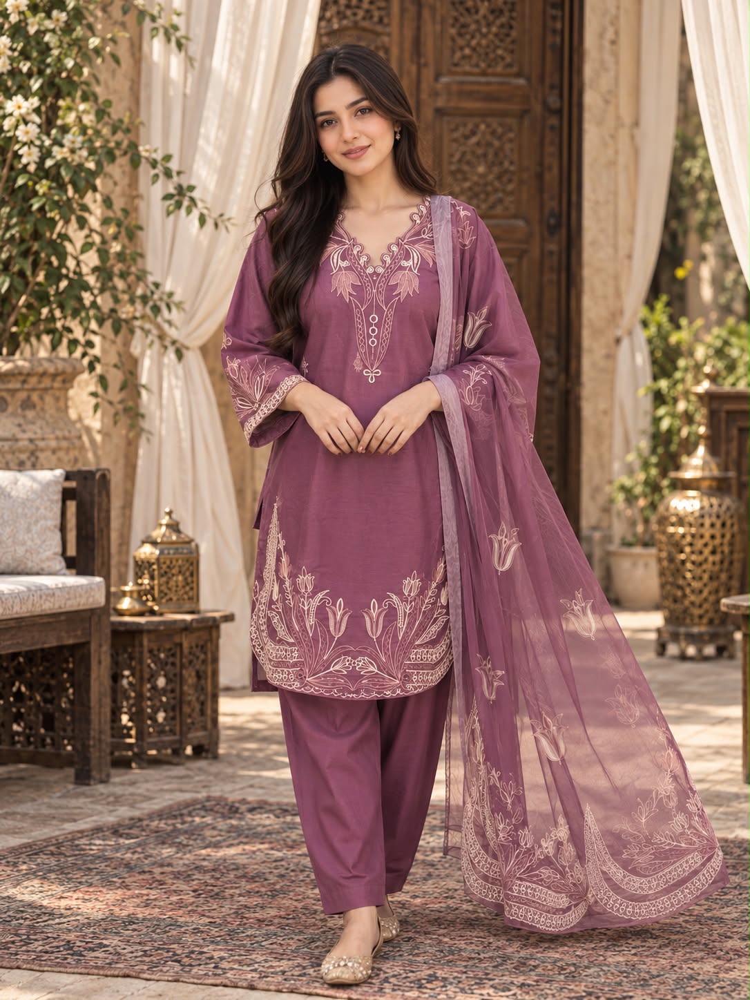 Floral Embroidered Winter Cotton 3-Piece Suit with Printed Dupatta