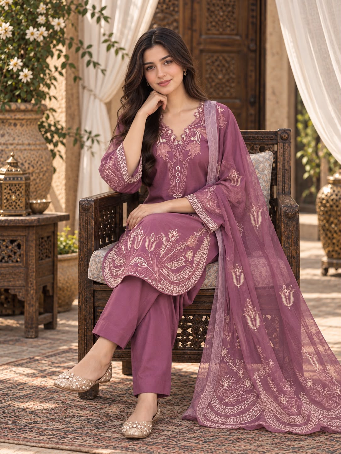 Floral Embroidered Winter Cotton 3-Piece Suit with Printed Dupatta