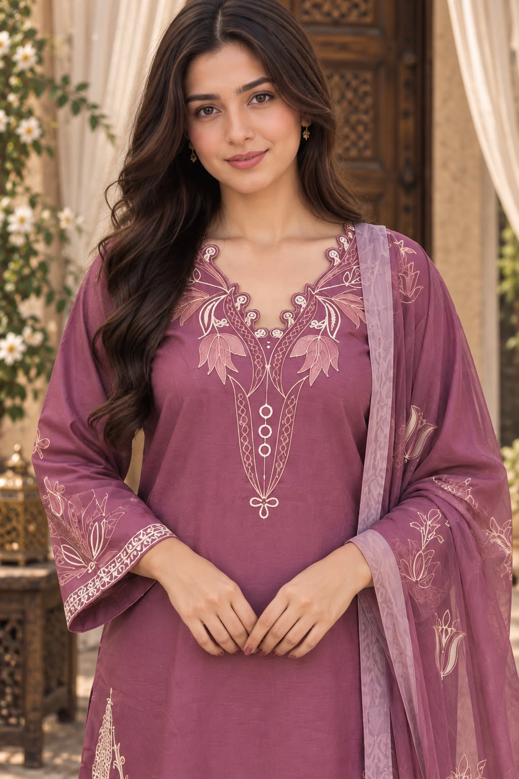 Floral Embroidered Winter Cotton 3-Piece Suit with Printed Dupatta