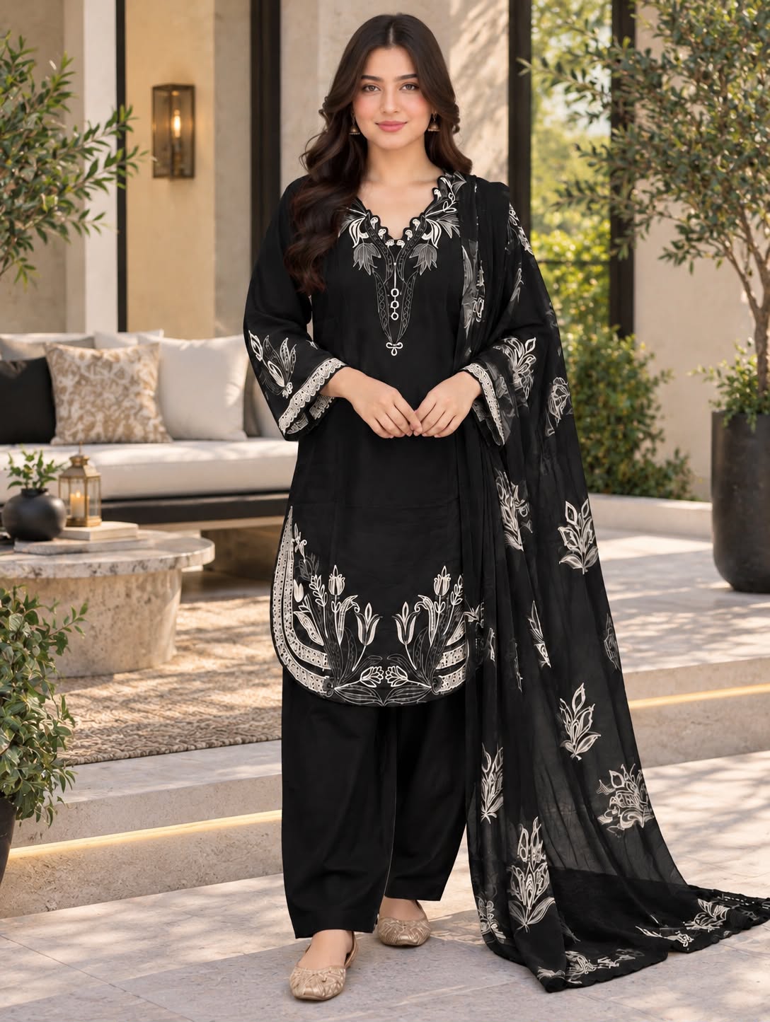 Floral Embroidered Winter Cotton 3-Piece Suit with Printed Dupatta
