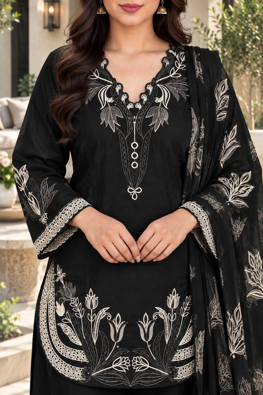Floral Embroidered Winter Cotton 3-Piece Suit with Printed Dupatta