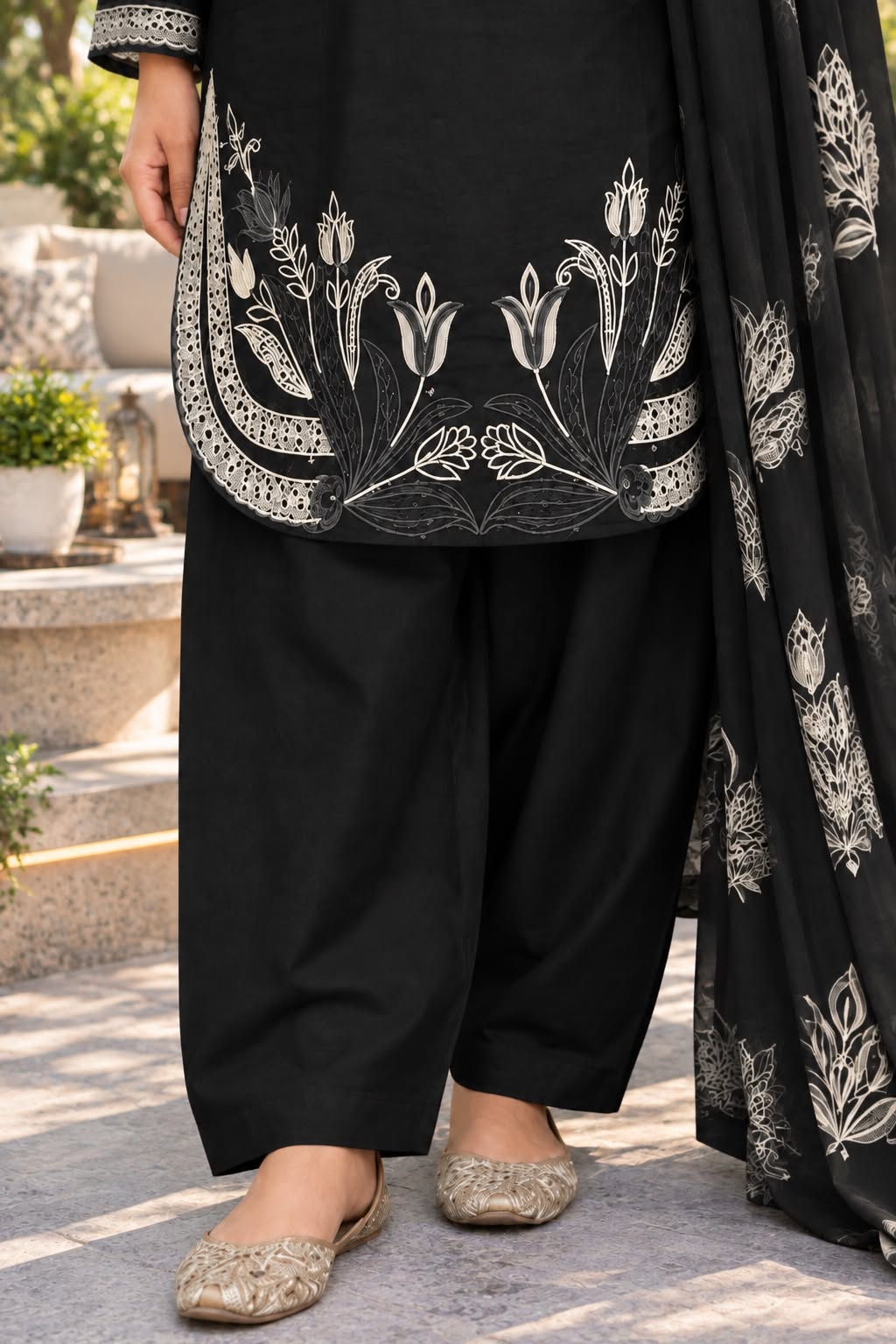 Floral Embroidered Winter Cotton 3-Piece Suit with Printed Dupatta