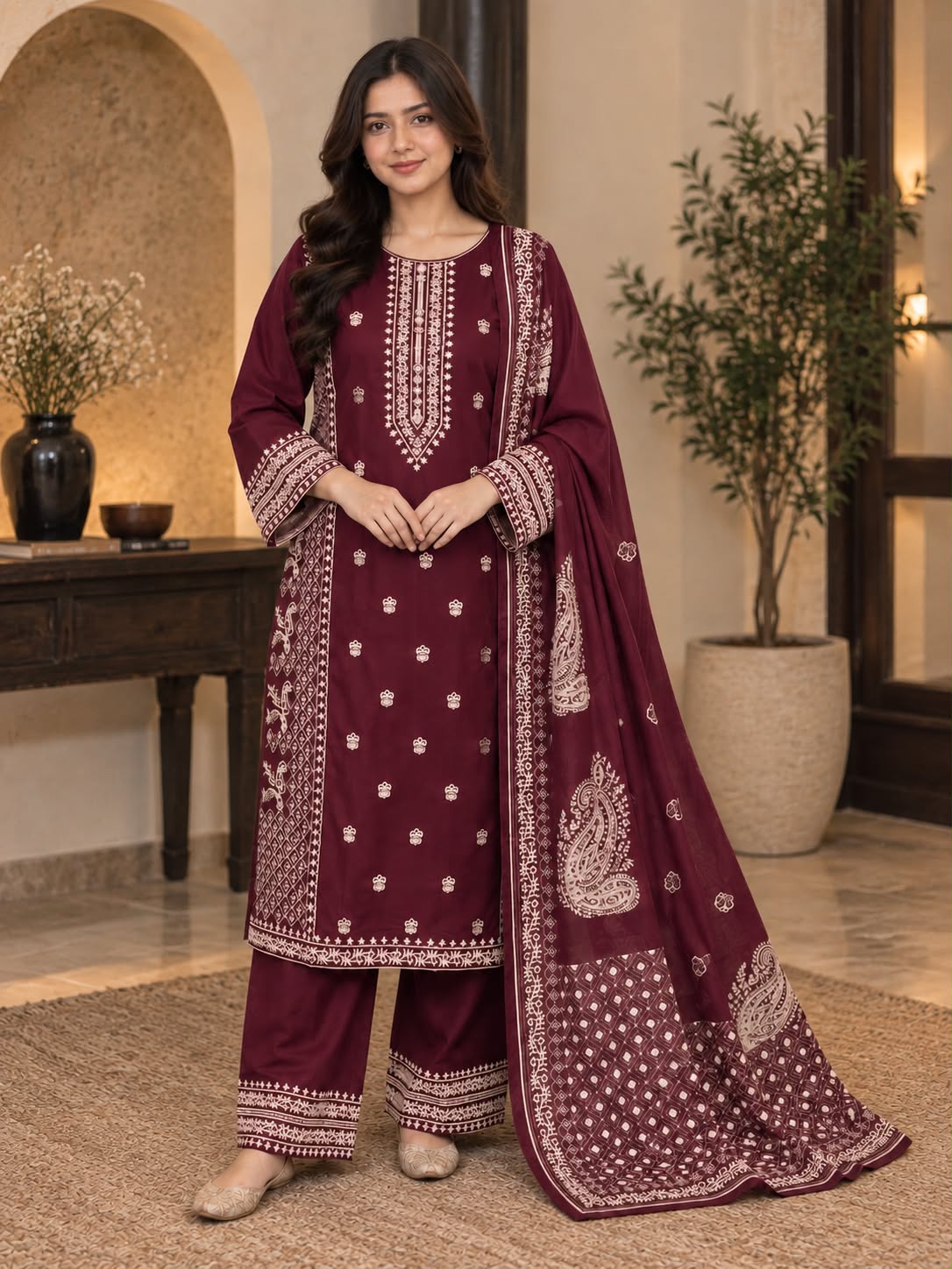 Traditional Embroidered Winter Cotton 3-Piece Suit with Printed Dupatta