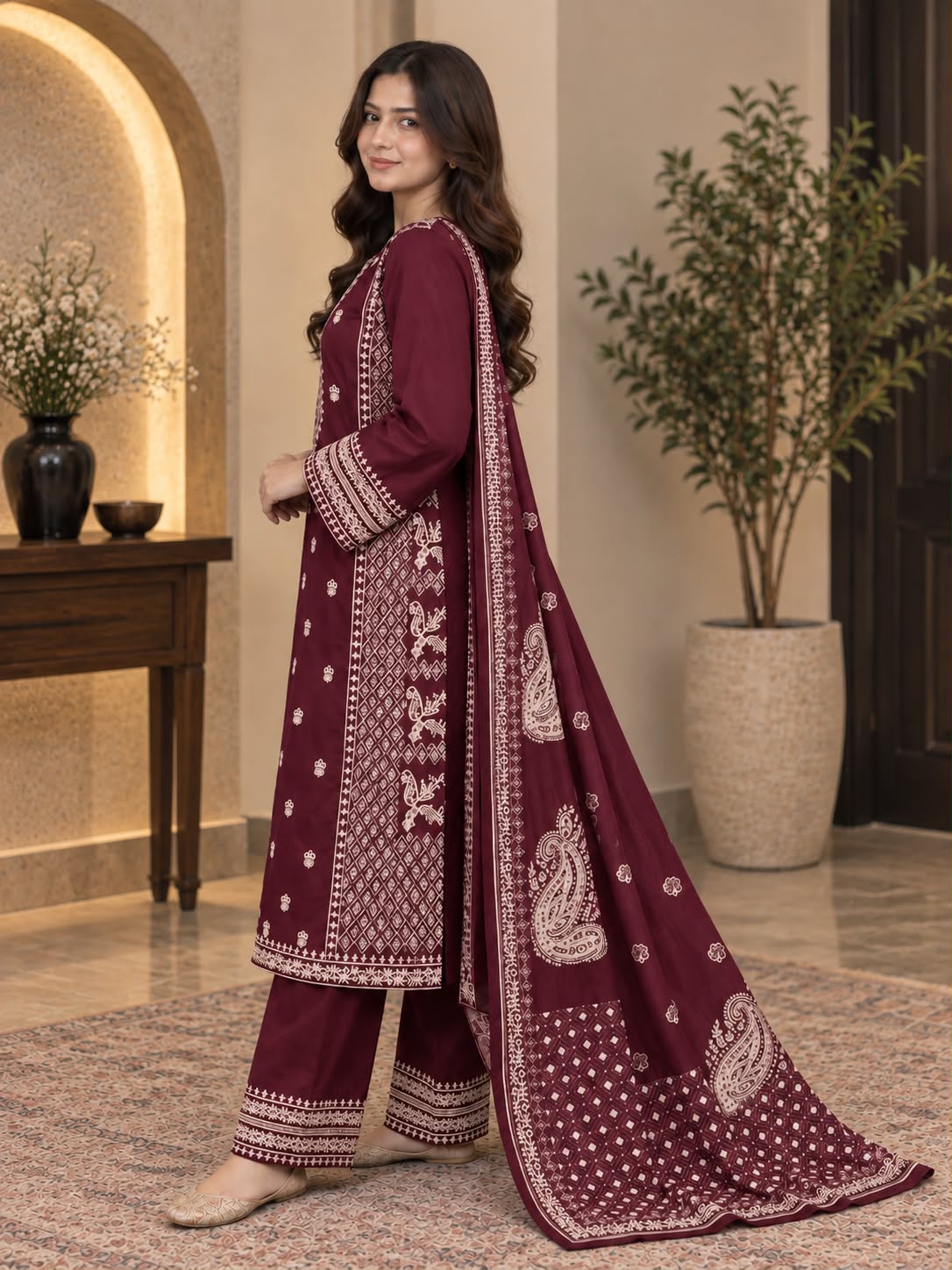 Traditional Embroidered Winter Cotton 3-Piece Suit with Printed Dupatta