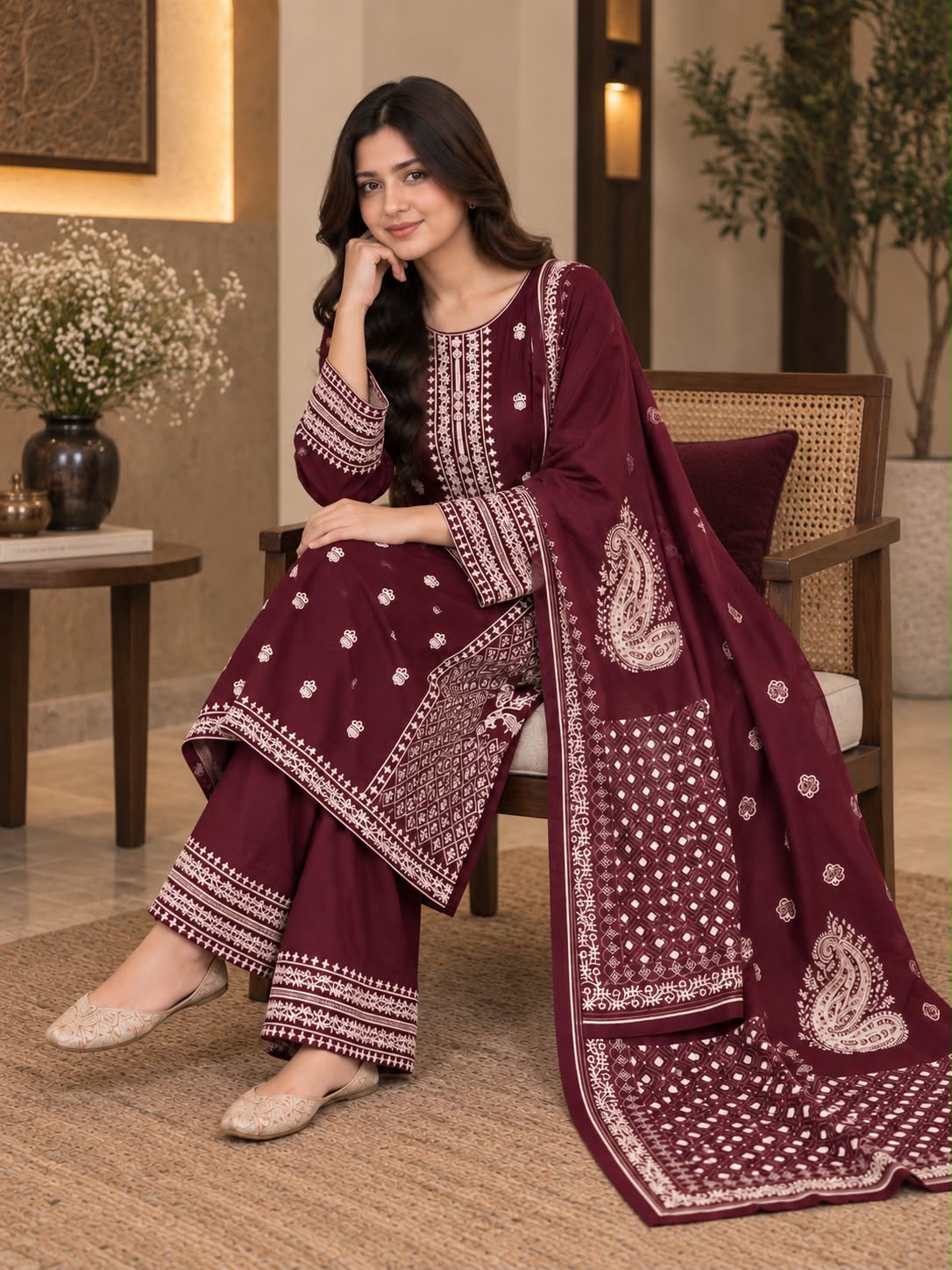 Traditional Embroidered Winter Cotton 3-Piece Suit with Printed Dupatta