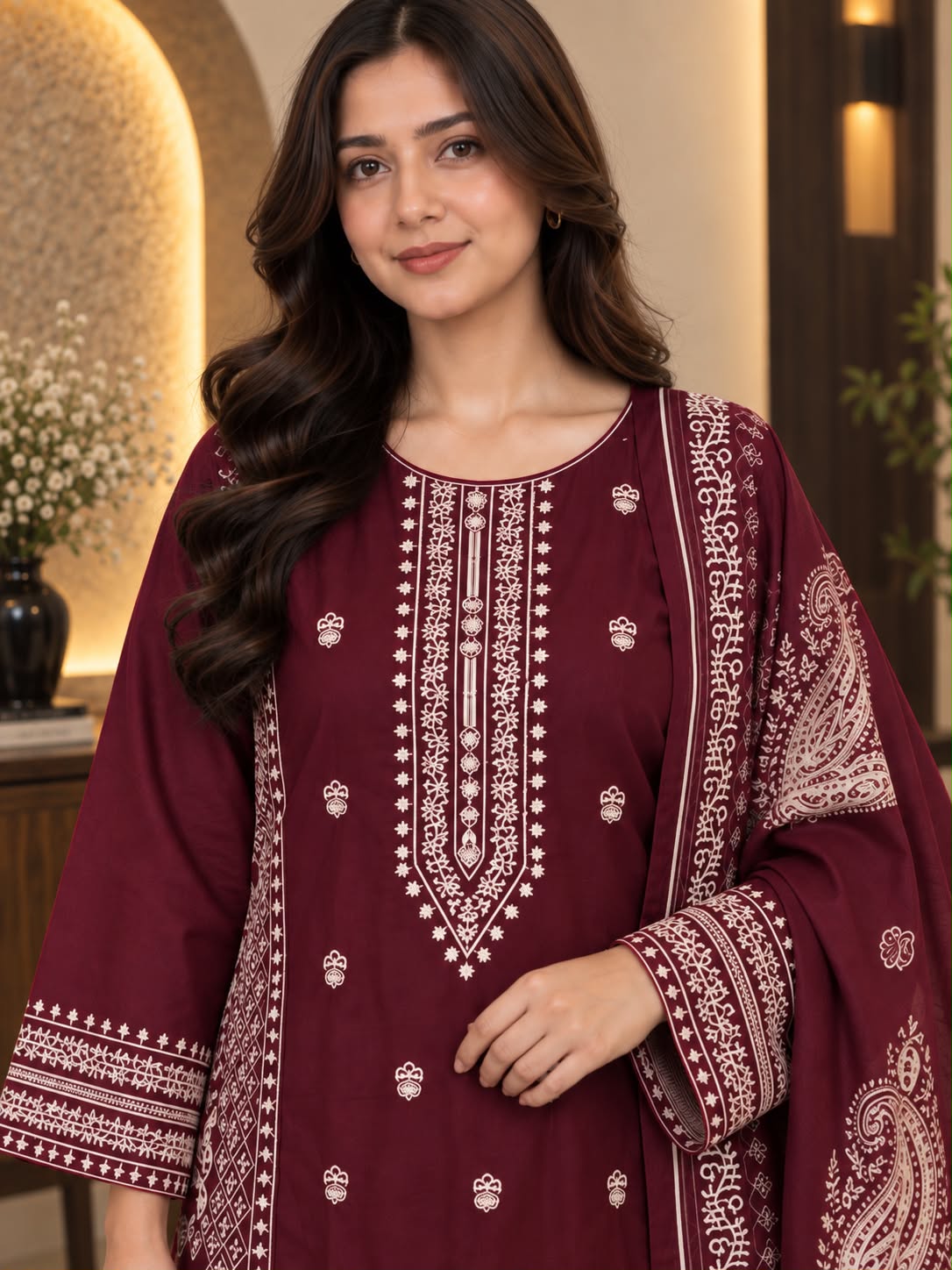 Traditional Embroidered Winter Cotton 3-Piece Suit with Printed Dupatta