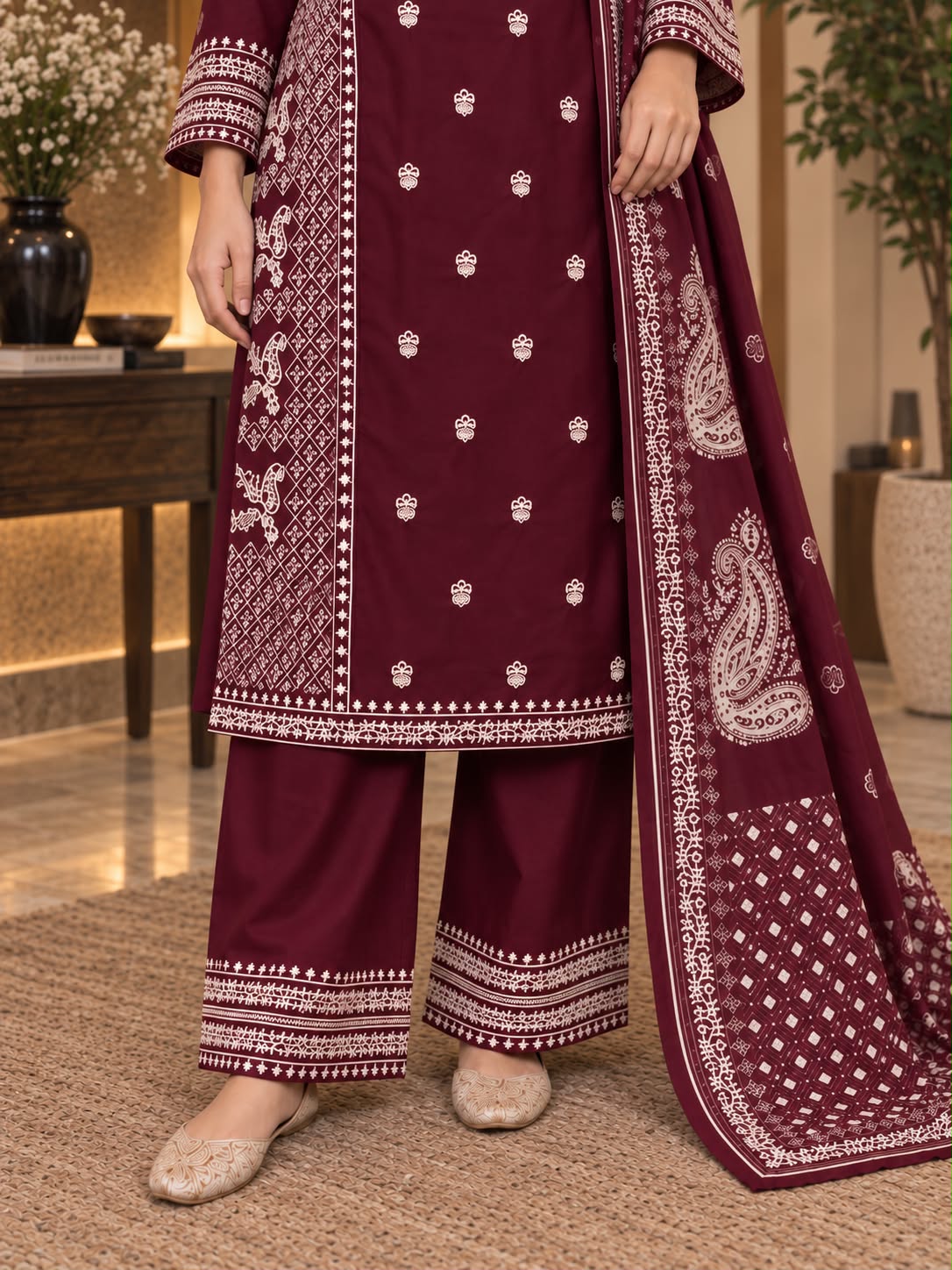 Traditional Embroidered Winter Cotton 3-Piece Suit with Printed Dupatta