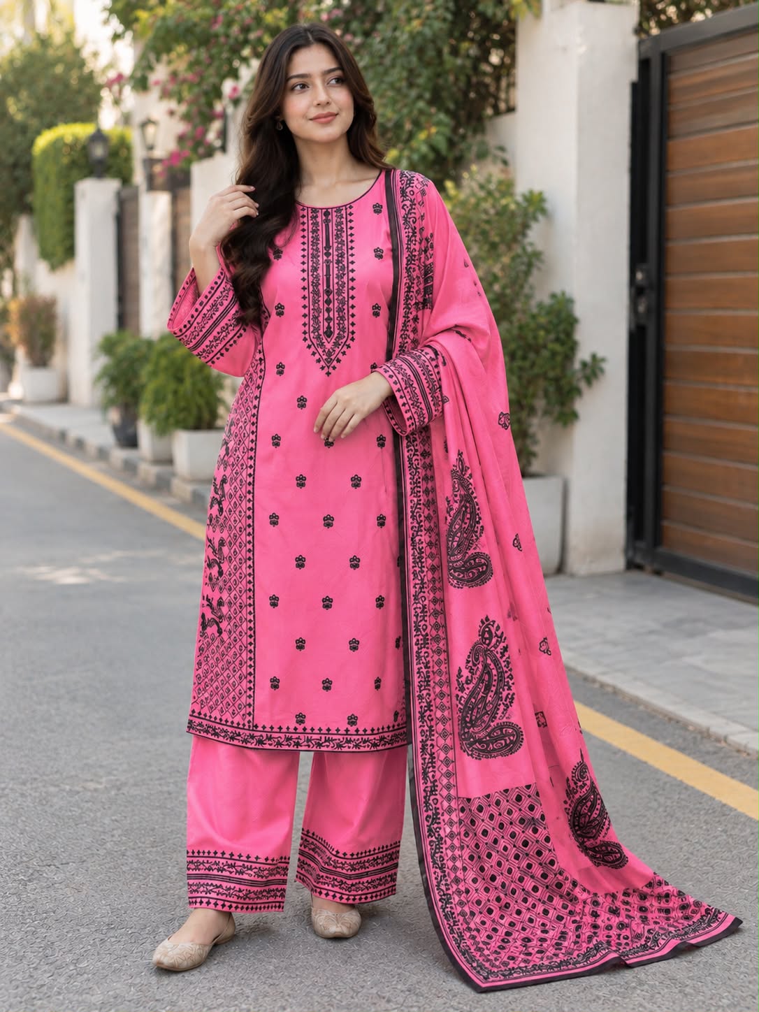 Traditional Embroidered Winter Cotton 3-Piece Suit with Printed Dupatta