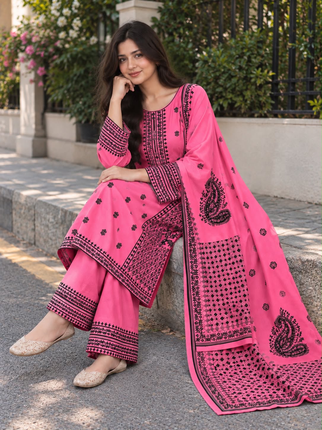 Traditional Embroidered Winter Cotton 3-Piece Suit with Printed Dupatta