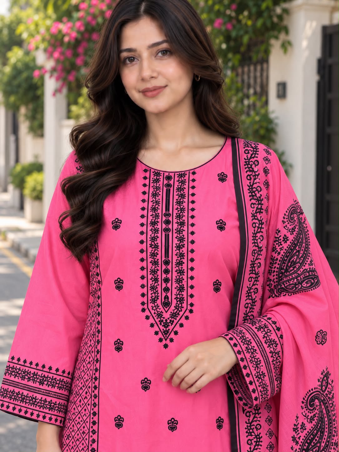 Traditional Embroidered Winter Cotton 3-Piece Suit with Printed Dupatta