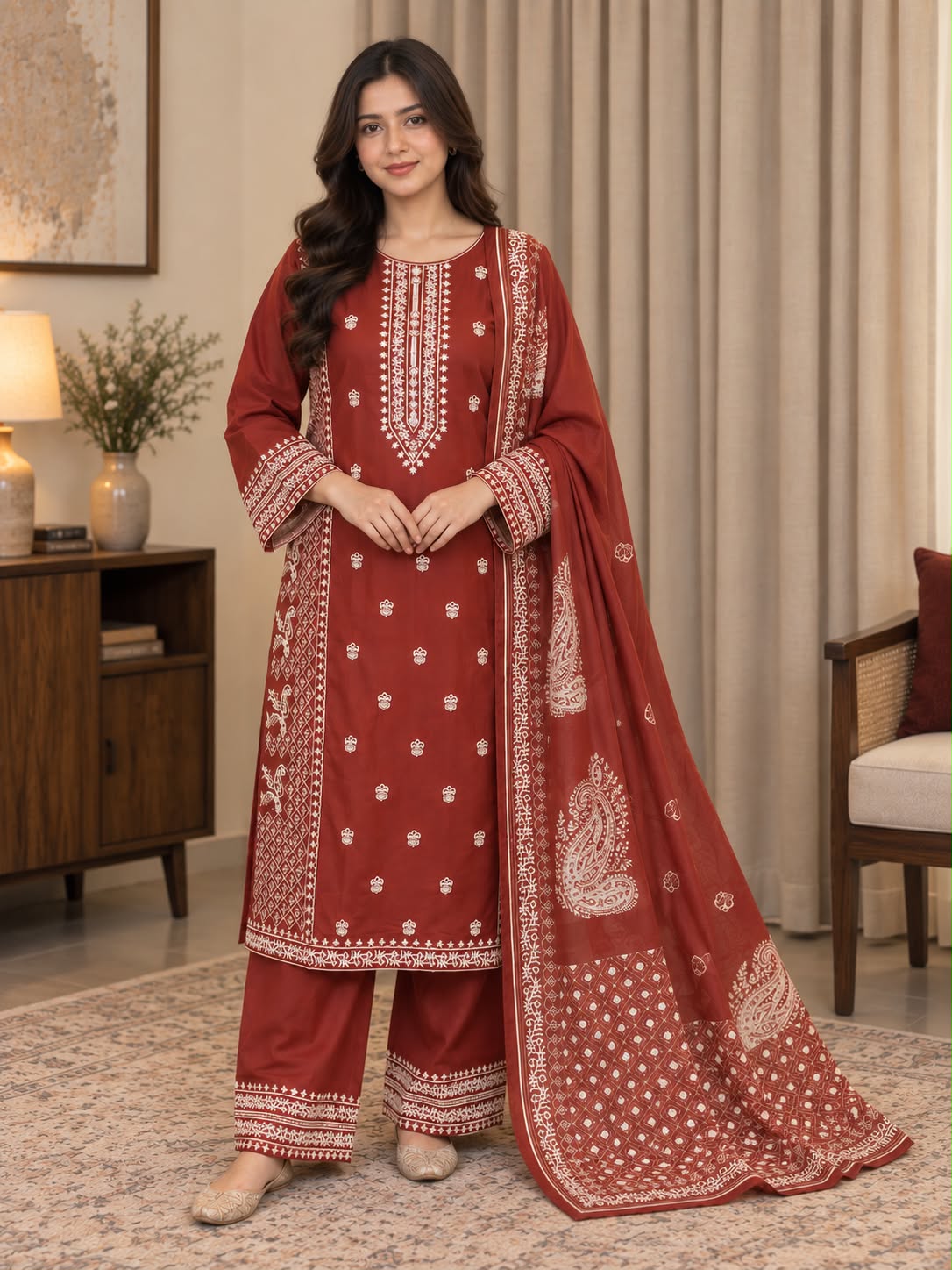 Traditional Embroidered Winter Cotton 3-Piece Suit with Printed Dupatta