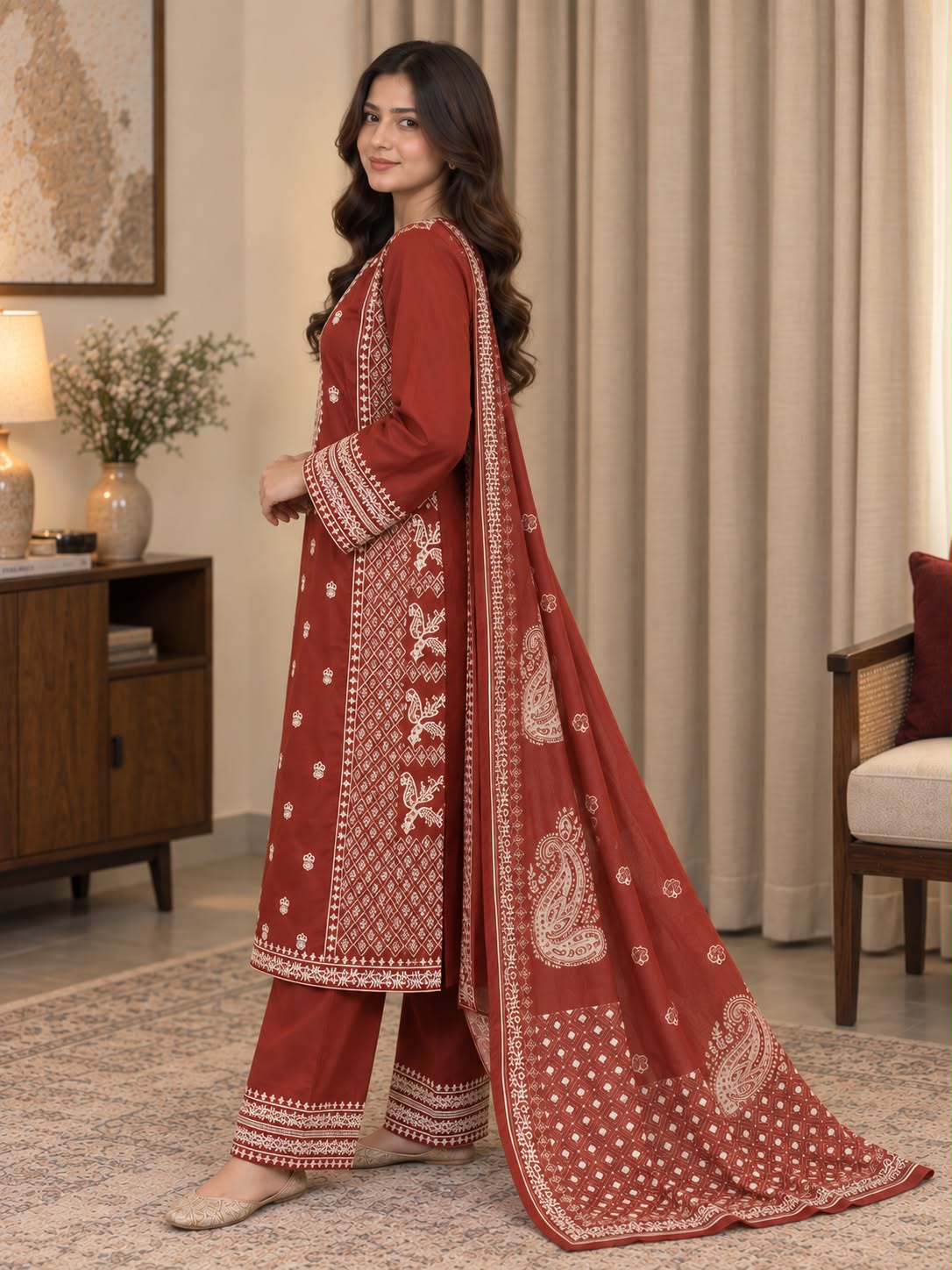 Traditional Embroidered Winter Cotton 3-Piece Suit with Printed Dupatta