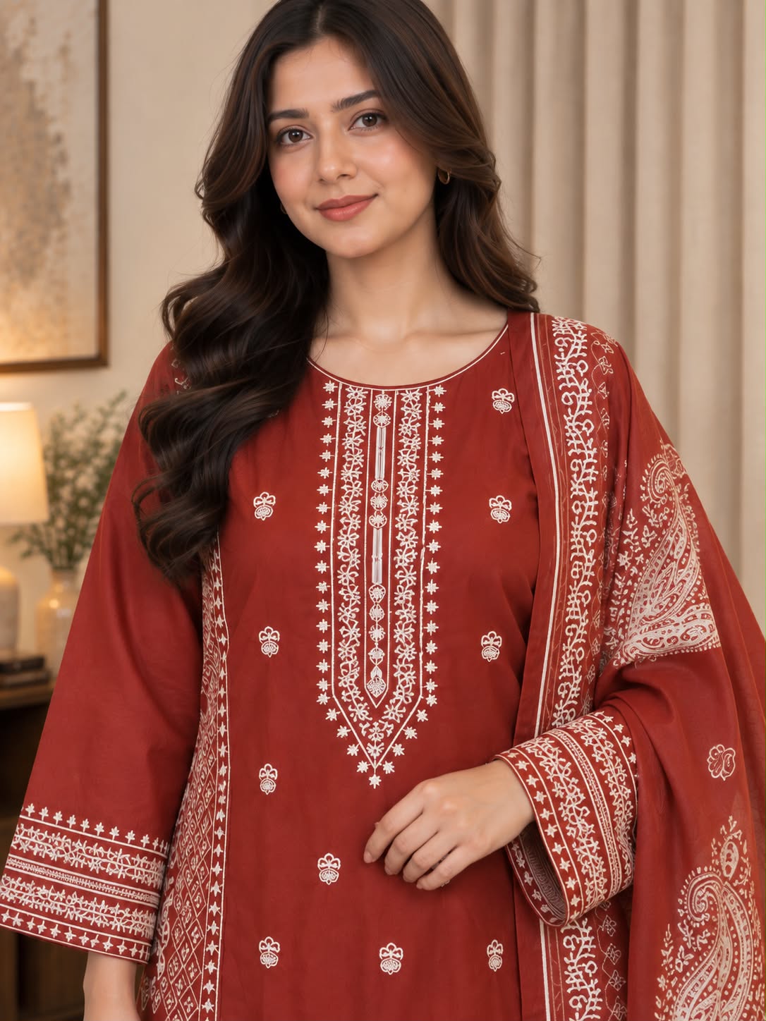 Traditional Embroidered Winter Cotton 3-Piece Suit with Printed Dupatta