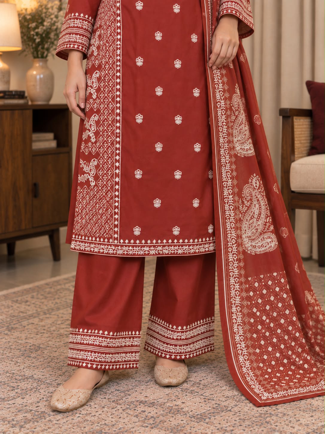 Traditional Embroidered Winter Cotton 3-Piece Suit with Printed Dupatta